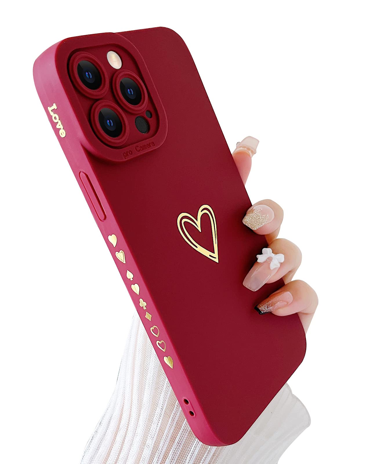 Yeddabox Luxury Heart iPhone 13 Pro Max Case for Women - Burgundy Bronzing Soft TPU Shockproof Cover with Side Pattern & Full Camera Protection | Perfect for Daily Use, Work, and Travel