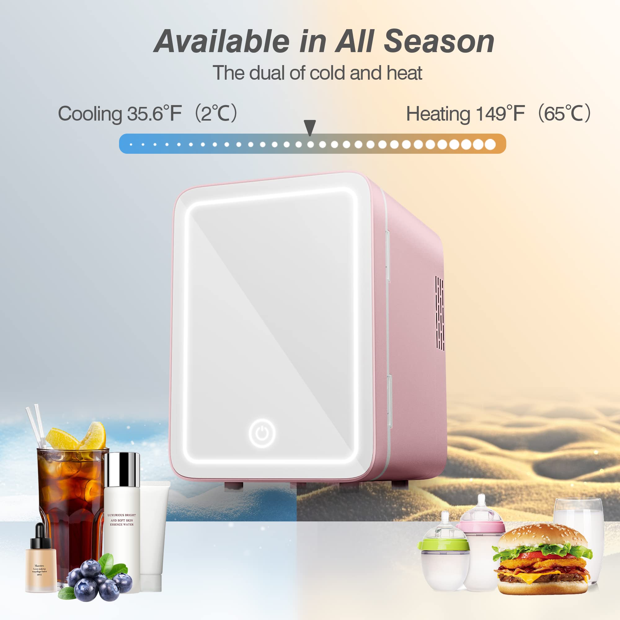 Mini Skincare Fridge with Dimmable LED Mirror - 4L/6 Can Portable Cooler & Warmer for Cosmetics, Food & Drinks | Perfect for Bedroom, Office, Car & Travel | Pink Makeup Organizer for Skincare Routine & Beauty Storage