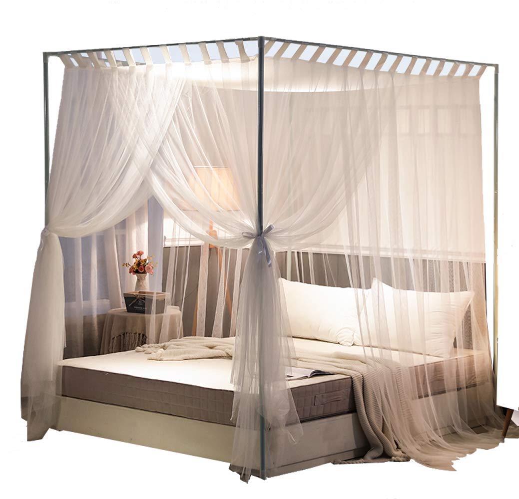 Elegant White Mengersi Canopy Bed Curtains & Net Set for Queen/King Size Beds - Romantic Bedroom Decor for Wedding, Nursery, or Boho Chic Style