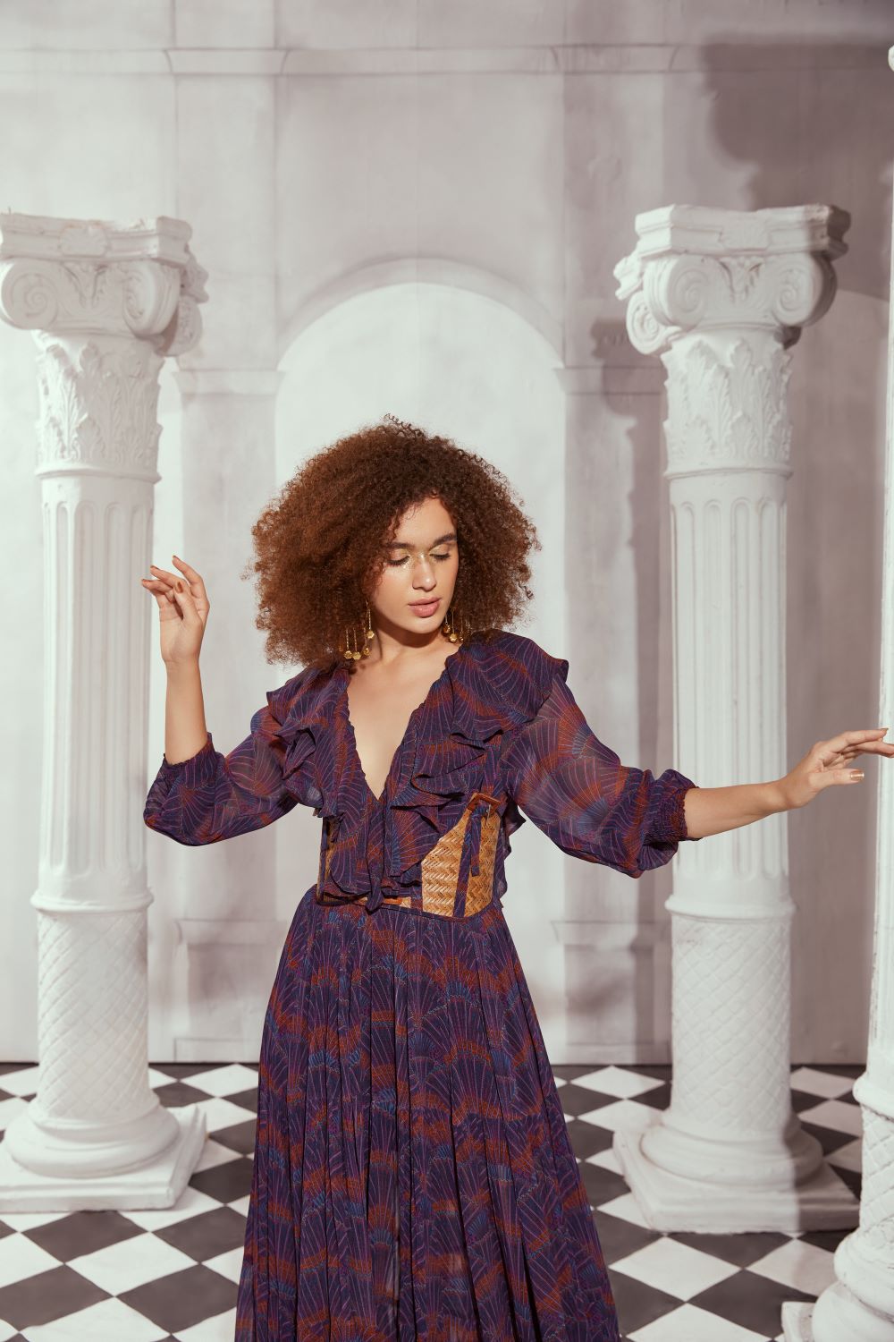 Overtine Art Greek Print Frill Maxi Dress with Rattan Griddle - Perfect for Beach Vacations, Summer Parties & Boho Fashion