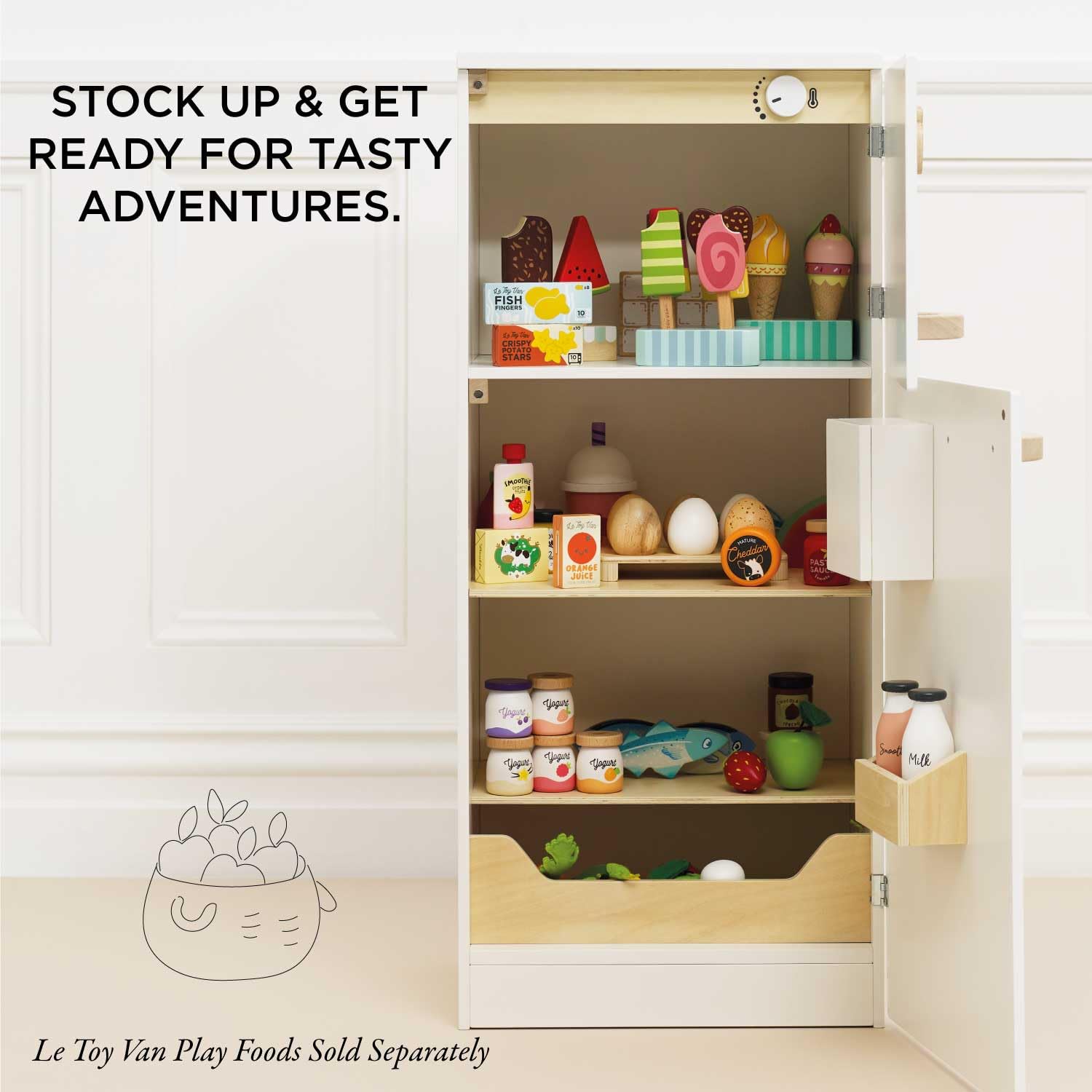 Le Toy Van Wooden Pretend Play Fridge Freezer Set - Grand Free Standing Refrigerator & Freezer with Accessories - Montessori Learning Toy for Kids Ages 3+ - Perfect for Imaginative Play, Kitchen Role Play & Early Childhood Development