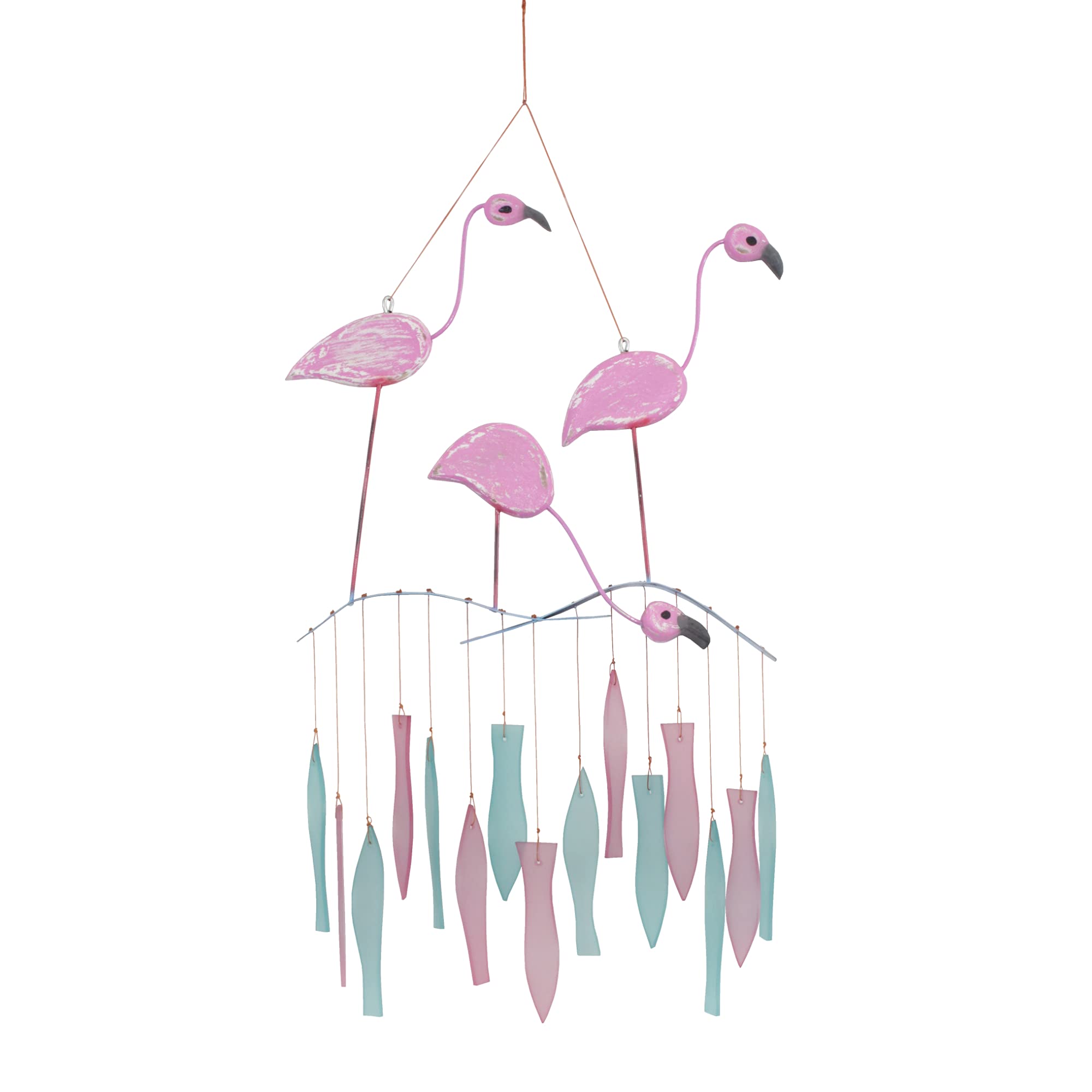 Triple Flamingo Tumbled Glass Wind Chime - Handcrafted Outdoor Garden Decor for Patio, Porch & Backyard - Soothing Melodic Sounds for Relaxation