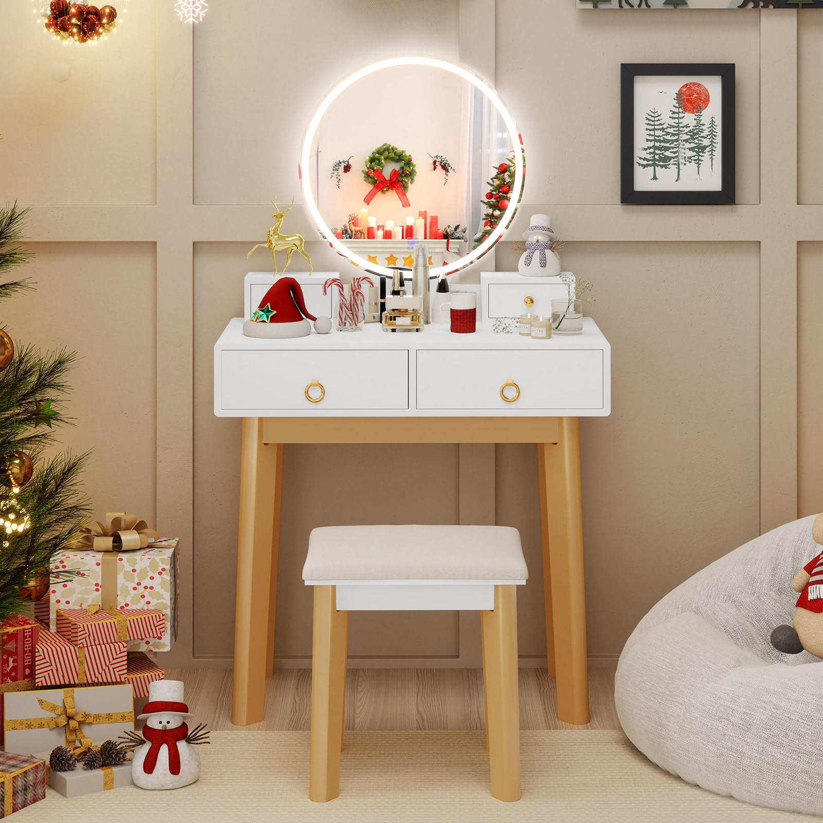 GOFLAME Vanity Desk Set with LED Lighted Mirror, 3-Color Adjustable Brightness Makeup Dressing Table with Drawers & Solid Pine Wood Legs - Bedroom Makeup Vanity Set with Stool for Women Girls (White) | Perfect for Home Beauty Salon, Bridal Dressing Room & Bedroom Decor