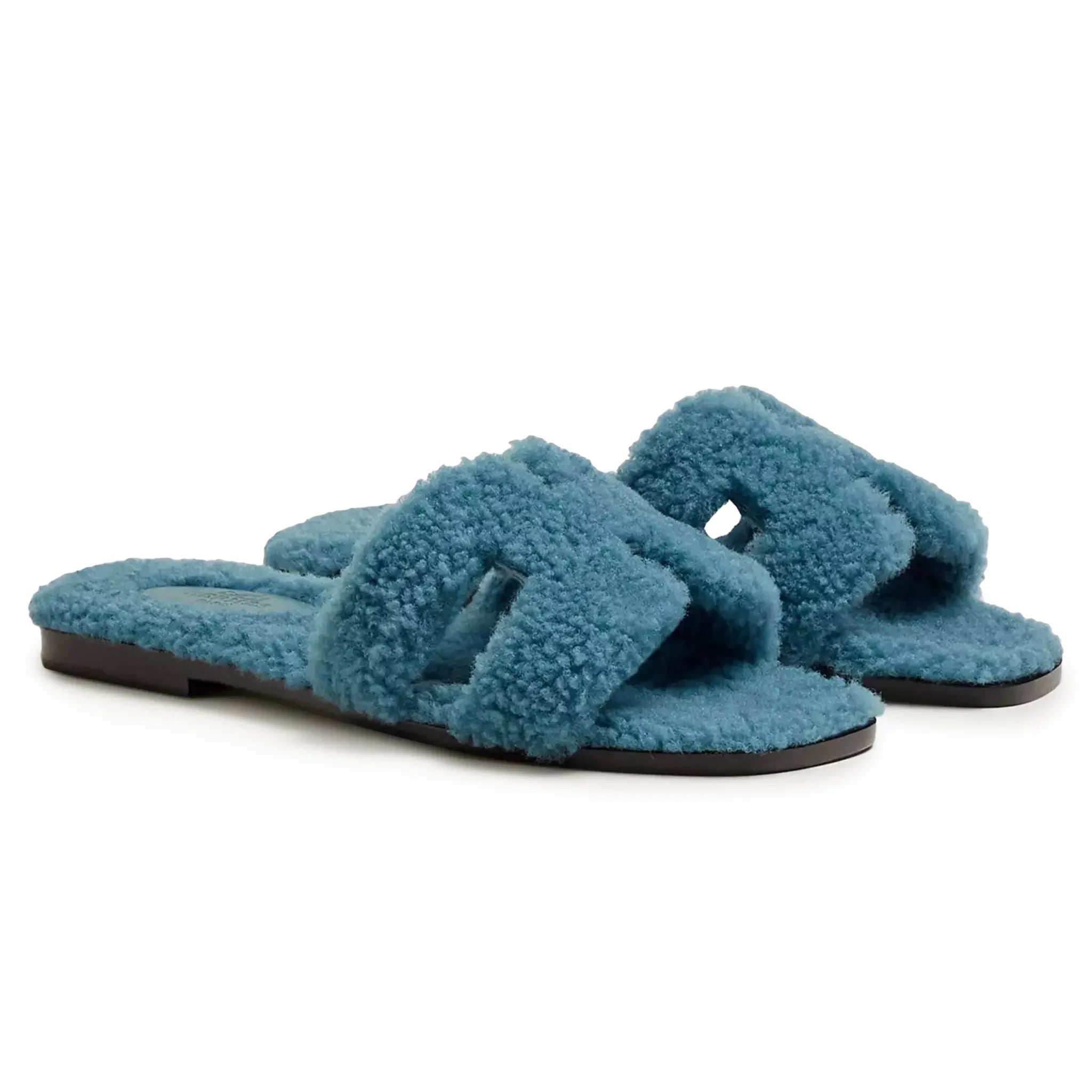 Hermès Paris Oran Blue Shearling Sandals - Women's Luxury Leather Summer Sandals with Shearling Lining for Casual Outings & Beach Vacations