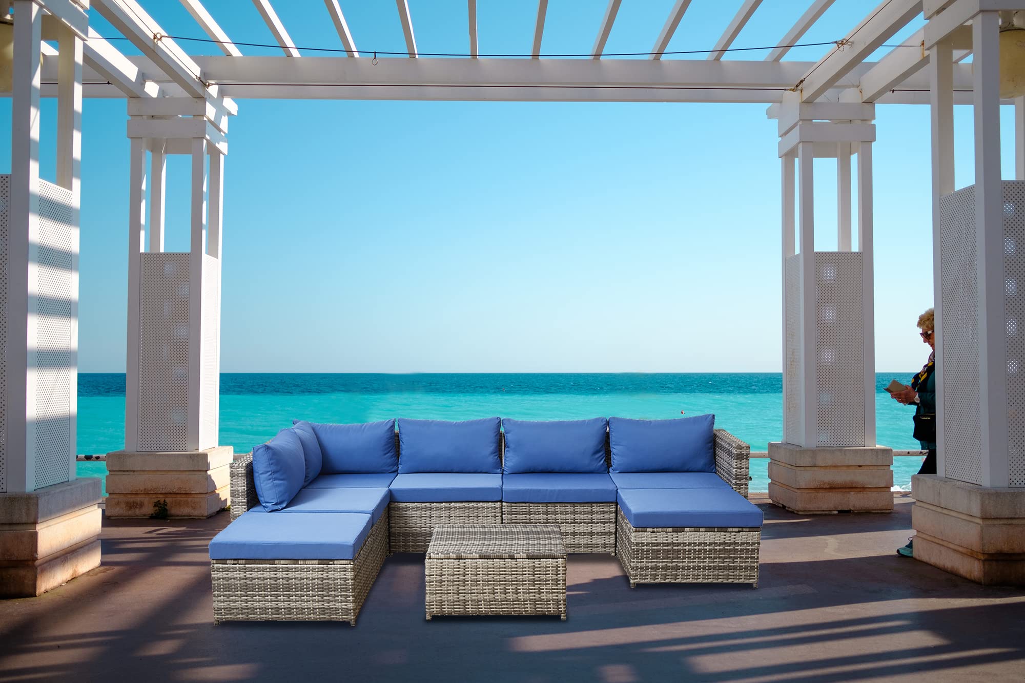 8-Piece All-Weather PE Rattan Outdoor Patio Sofa Set with Storage Table - Brown & Blue Wicker Sectional Couch for Garden, Poolside, and Backyard Relaxation