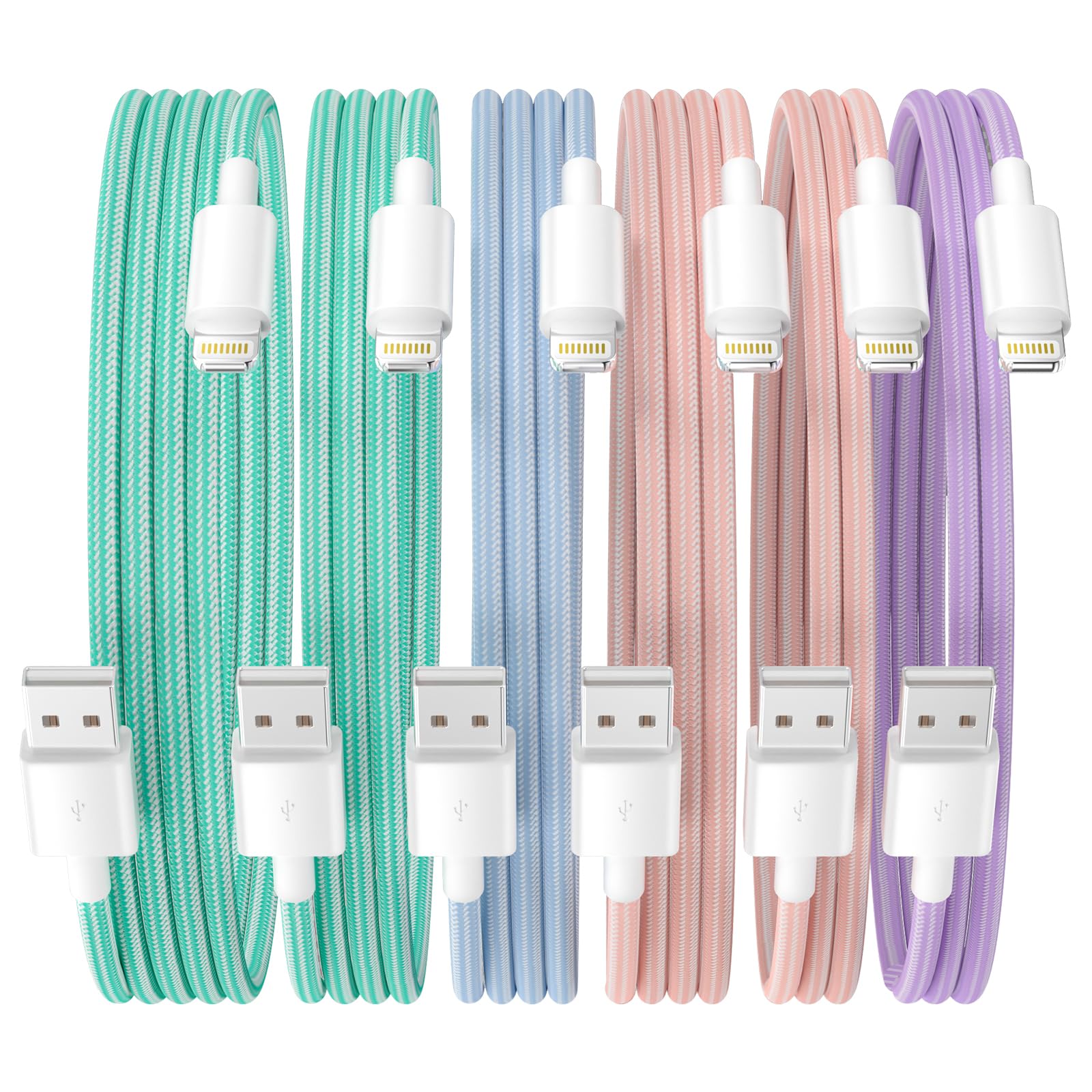 6-Pack MFi Certified iPhone Charger Cables (3/3/6/6/6/9FT) - Durable Nylon Braided USB to Lightning Cable for iPhone 14/13/12/11/Pro Max/XR/XS/X/8/7 Plus/SE - Pastel Colors for Home, Office & Travel Charging