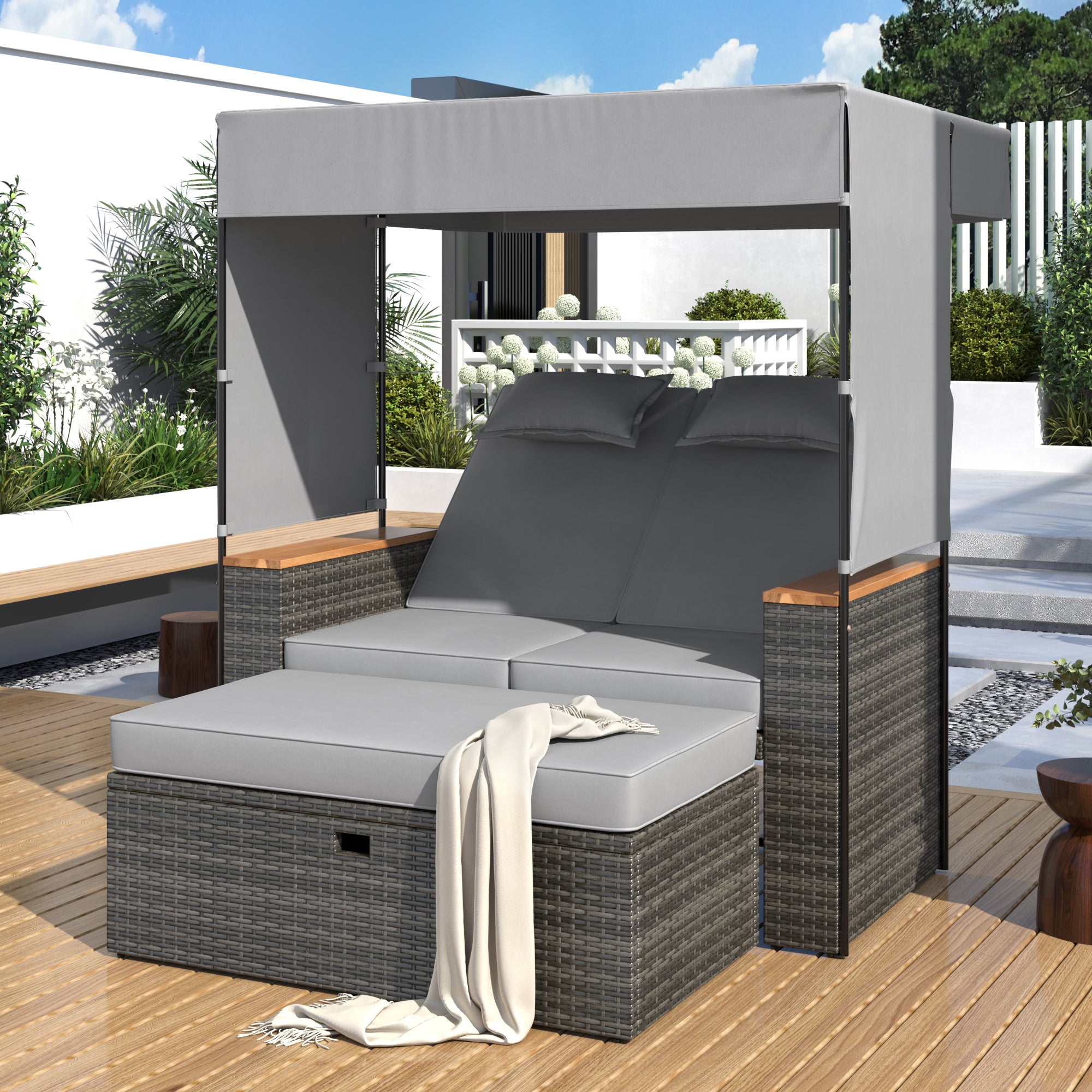 2-Piece Outdoor Rattan Daybed with 5 Adjustable Positions - Patio Loveseat Sofa Set for Poolside, Garden, and Backyard Relaxation