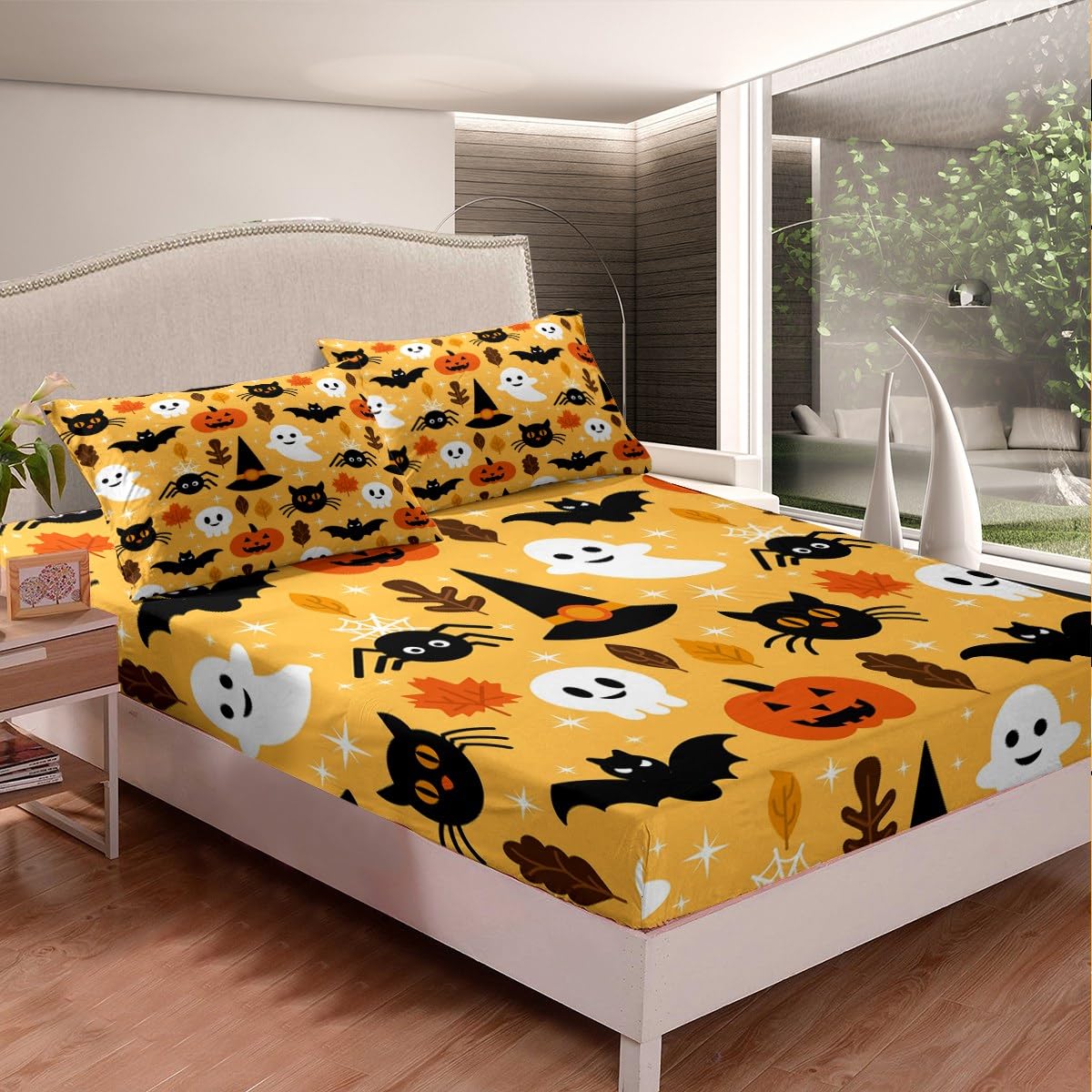 Halloween Queen Size Fitted Sheet Set - 3 Piece Cartoon Pumpkin & Lantern Bedding with Ghost Print (1 Fitted Sheet + 2 Pillow Cases) - Orange Halloween Decor for Kids, Boys & Girls Bedroom - Perfect for Halloween Parties, Themed Sleepovers & Seasonal Home Decor