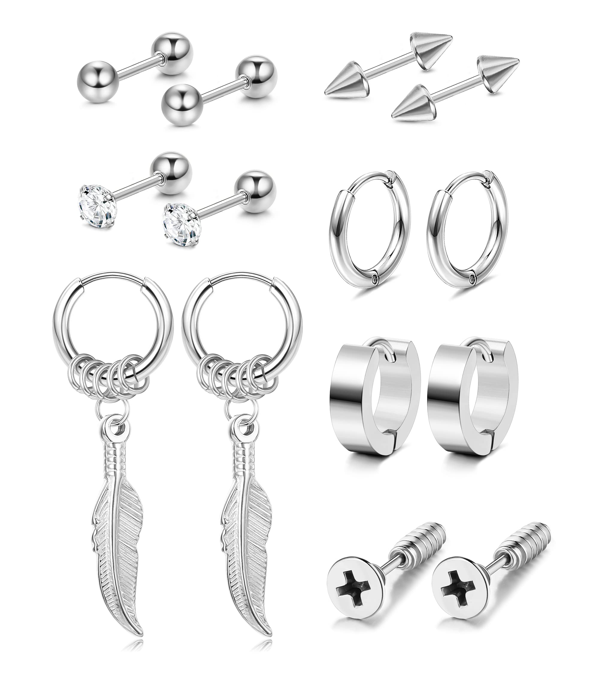Kakonia 7 Pairs Stainless Steel Earrings for Men & Women - Cool Feather Hoop & CZ Stud Earrings Set in Gold, Silver & Black | Perfect for Parties, Gifts & Everyday Wear