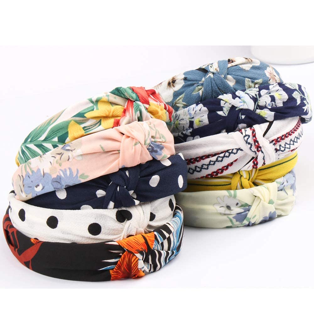 TOBATOBA 10 Pack Floral Knotted Headbands for Women - Non-Slip Wide Bow Knot & Turban Headbands - Fashion Hair Accessories for Work, Yoga, and Everyday Wear