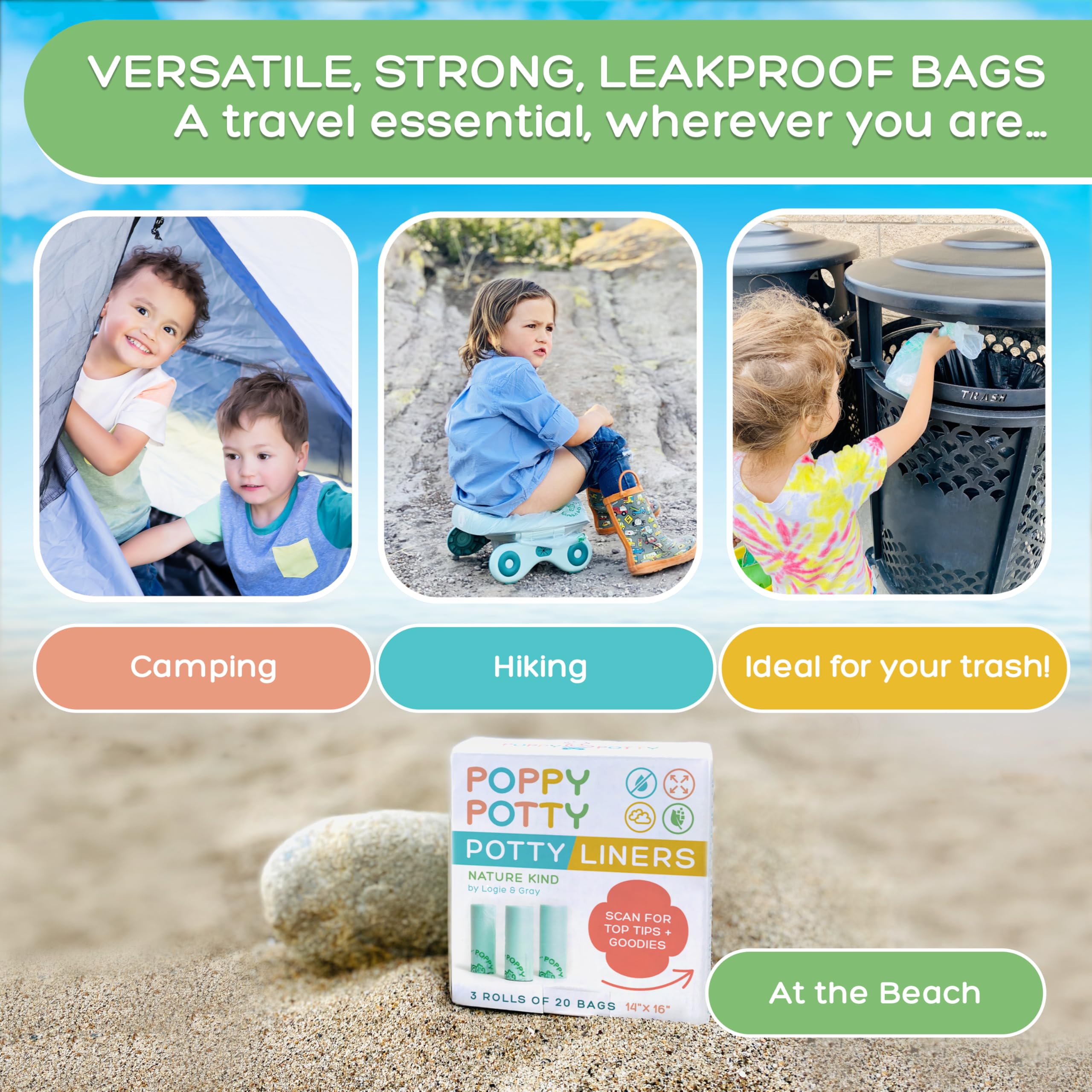 Logie & Gray Disposable Potty Liners 60 Count – Universal Fit, Leak-Proof, BPI & OK Compost Certified – Biodegradable Portable Toilet Bags for Toddlers & Travel – Ideal for Camping, Road Trips, and Outdoor Adventures