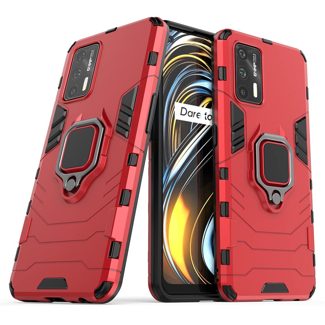 Oppo Realme GT 5G Case | Realme GT Neo Shockproof Hard Bumper Cover with Metal Ring Grip & Kickstand | Magnetic Car Mount Compatible | Dual Layer Rugged Protection (Red) - Perfect for Outdoor Activities & Daily Use