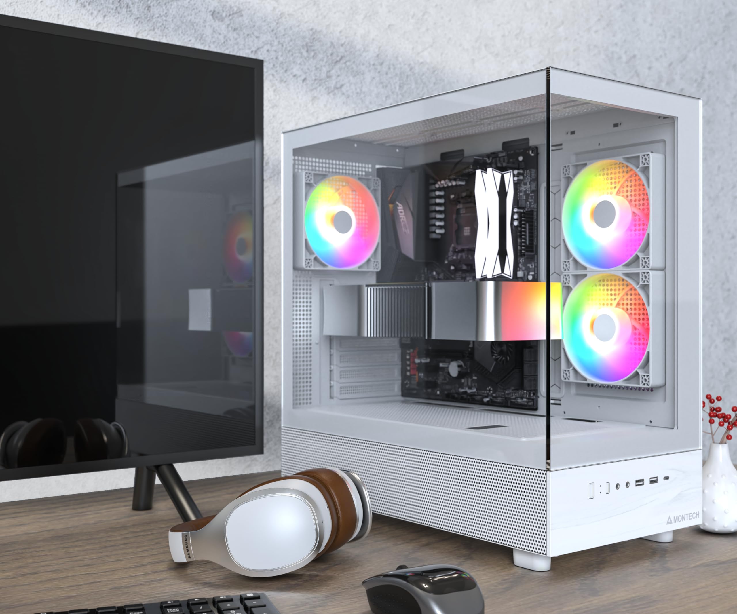 MONTECH XR ATX Mid-Tower PC Gaming Case - 3 x 120mm ARGB PWM Fans, Dual Tempered Glass Panels, Wood-Grain I/O, Supports RTX 4090 GPU & 360mm Radiator (White) - Perfect for High-End Gaming Rigs & Custom Water Cooling Builds