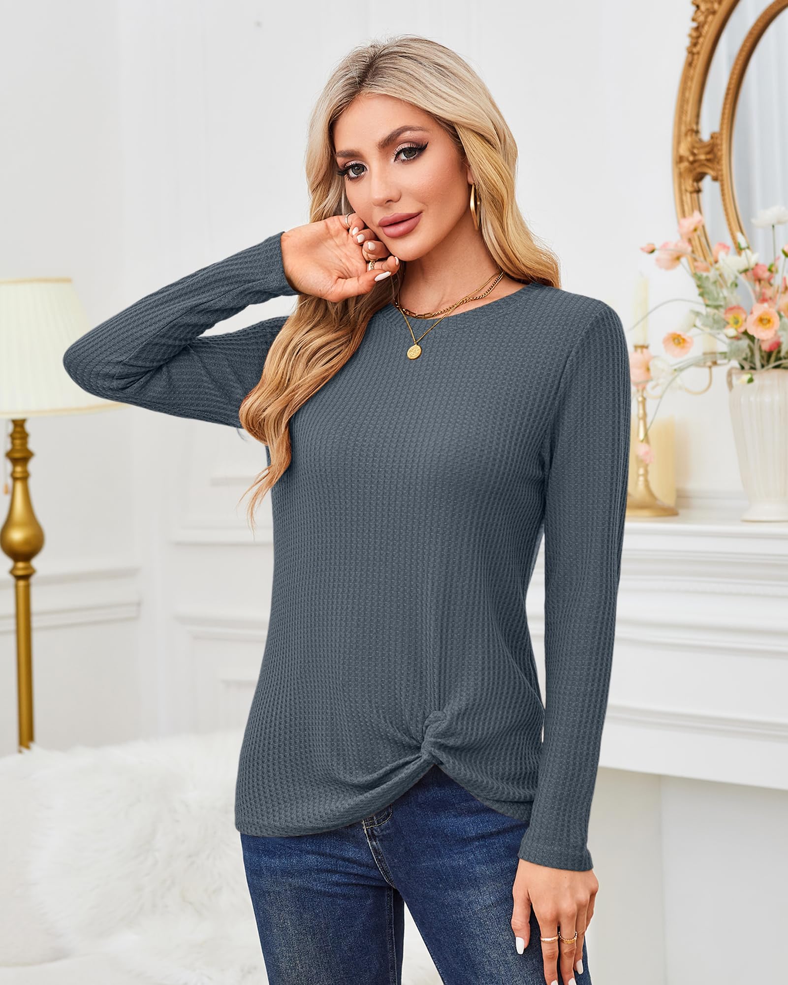 MISFAY Women's Casual Long Sleeve Knit Top - Cute Twist Knot Waffle Shirt for Fall & Winter | Perfect for Office, Date Night and Weekend Outfits