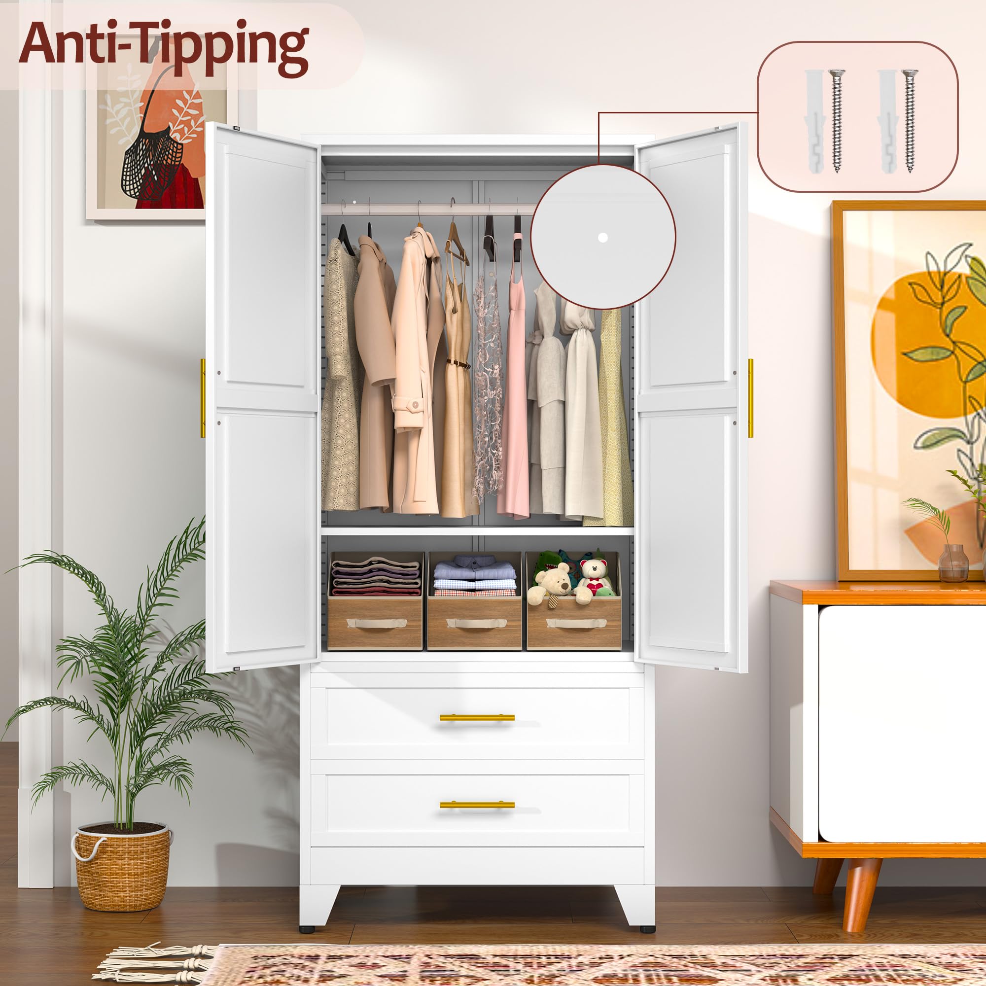 White Metal Armoire Wardrobe Closet with 2 Drawers, Hanging Rod & Adjustable Shelves - 71