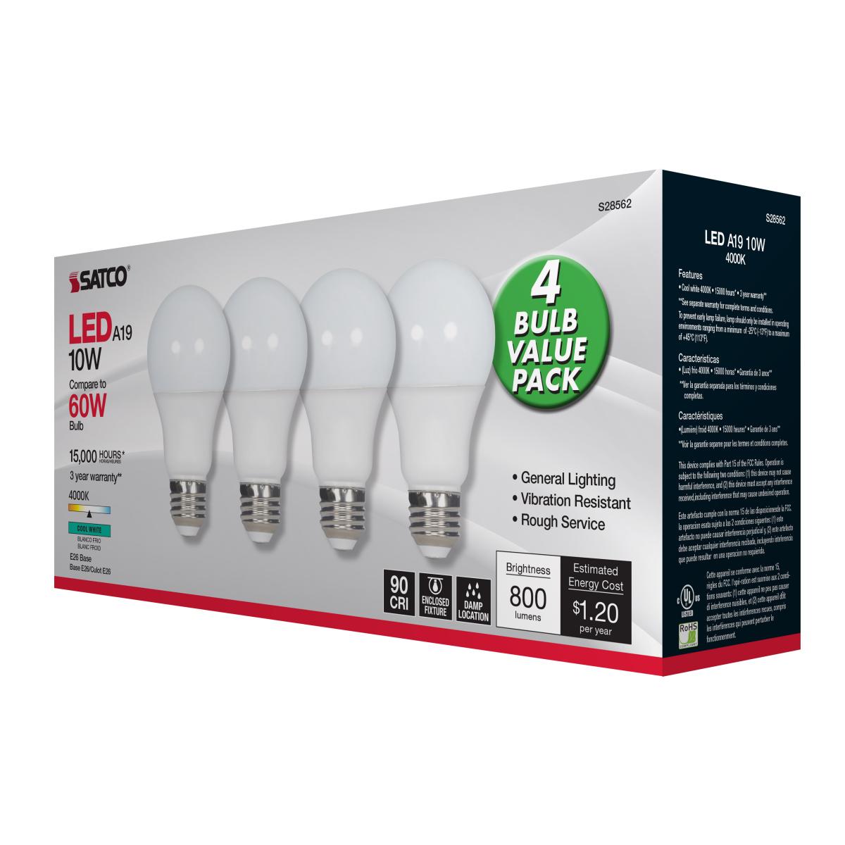 Energy Efficient A19 LED Light Bulb - 60W Equivalent, 10W, 800 Lumens, 4000K Daylight White, E26 Medium Base, Frosted Finish (4-Pack) - Perfect for Home, Office & Commercial Lighting