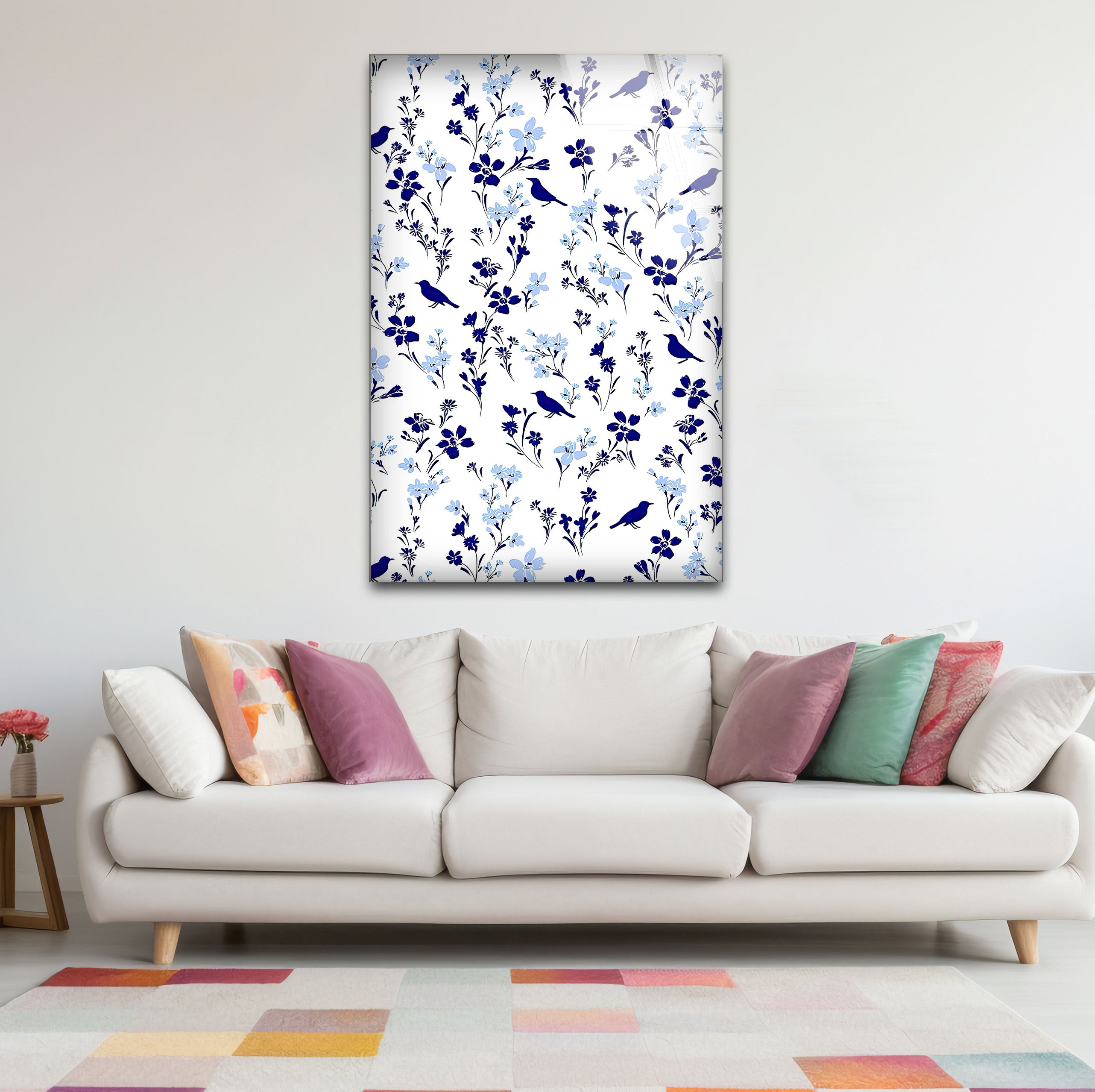 Blue Bird and Wildflower Wall Art Print - Elegant Floral Glass Decor for Nature Lovers | Perfect for Living Room, Bedroom & Office Decor