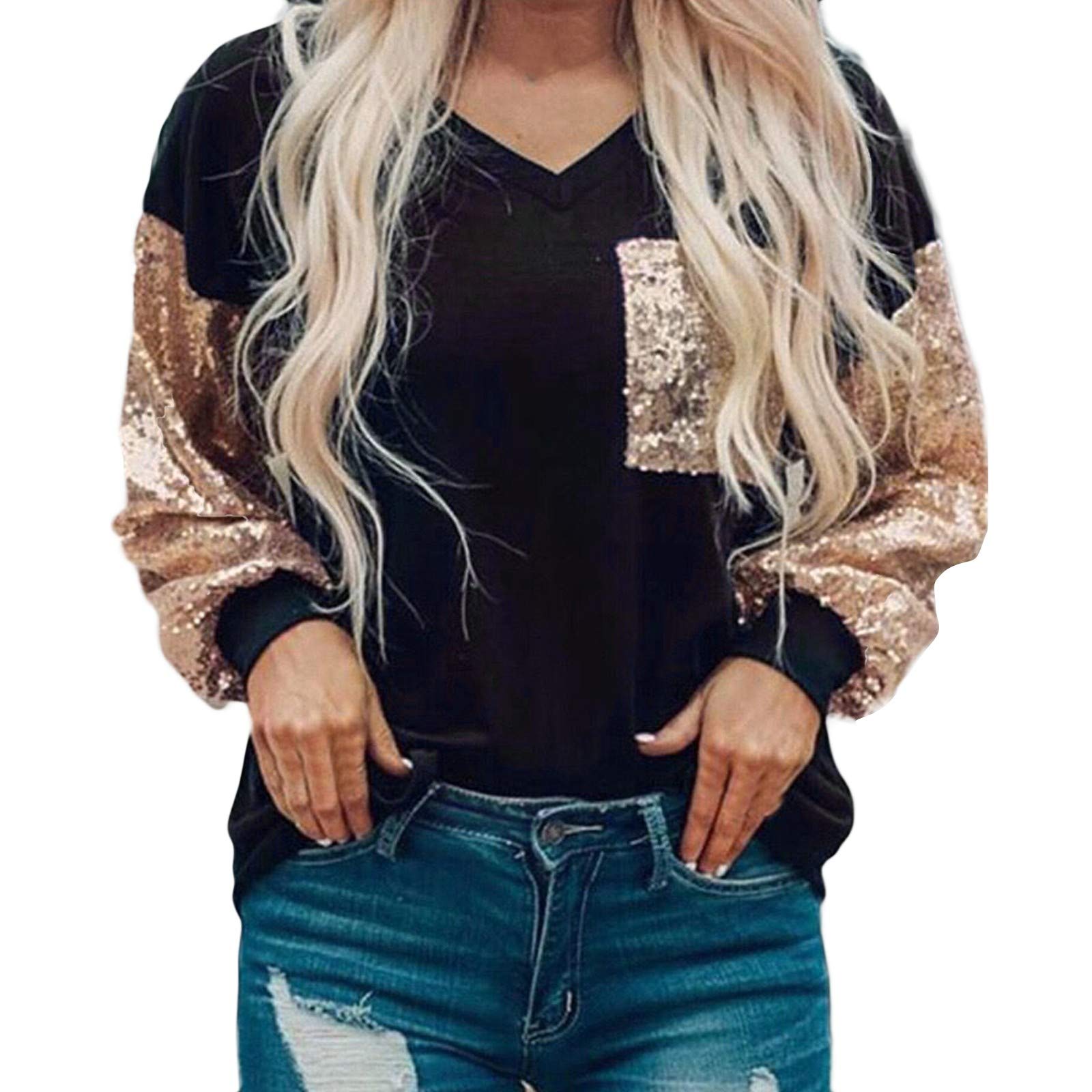 Women's Fashion V-Neck Sequin Long Sleeve Cotton T-Shirt - Plus Size Casual Top for Party, Club, and Evening Out