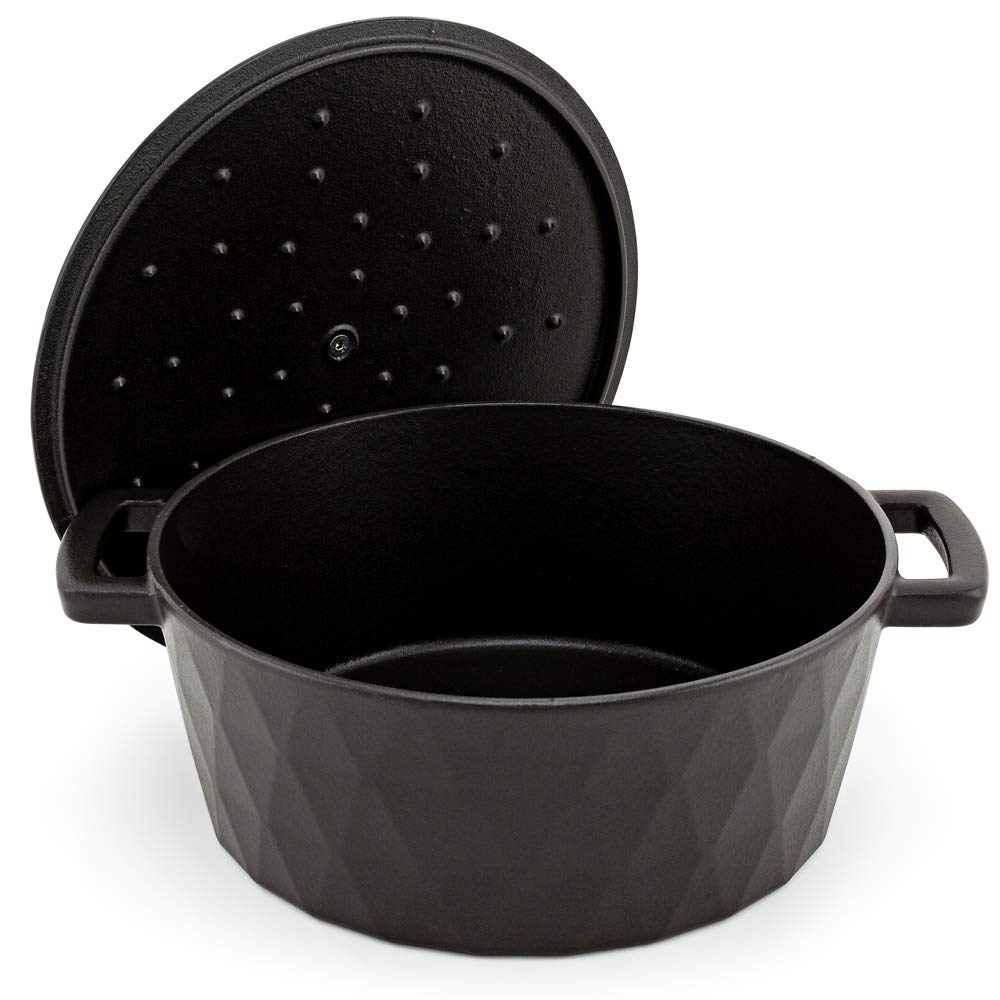 26cm Satin Black Enameled Cast Iron Dutch Oven - 5.2L Diamond Cocotte for Induction, Stovetop & Oven - Perfect for Braising, Baking & Slow Cooking
