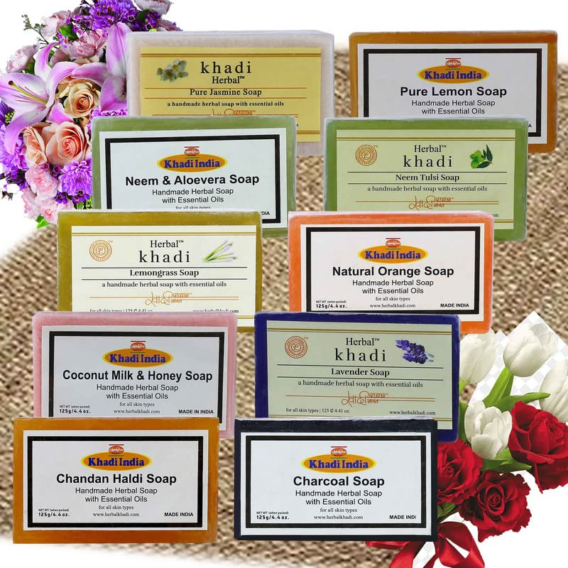 Herbal Khadi Handmade Soap - 10-Pack Multi-Fragrance Natural Soap for Men & Women | Sandalwood Turmeric, Charcoal, Lavender, Lemongrass, Neem Aloe Vera, Jasmine & Lemon | Organic Skincare, Gift Set, Bath & Body Care for Dry & Sensitive Skin