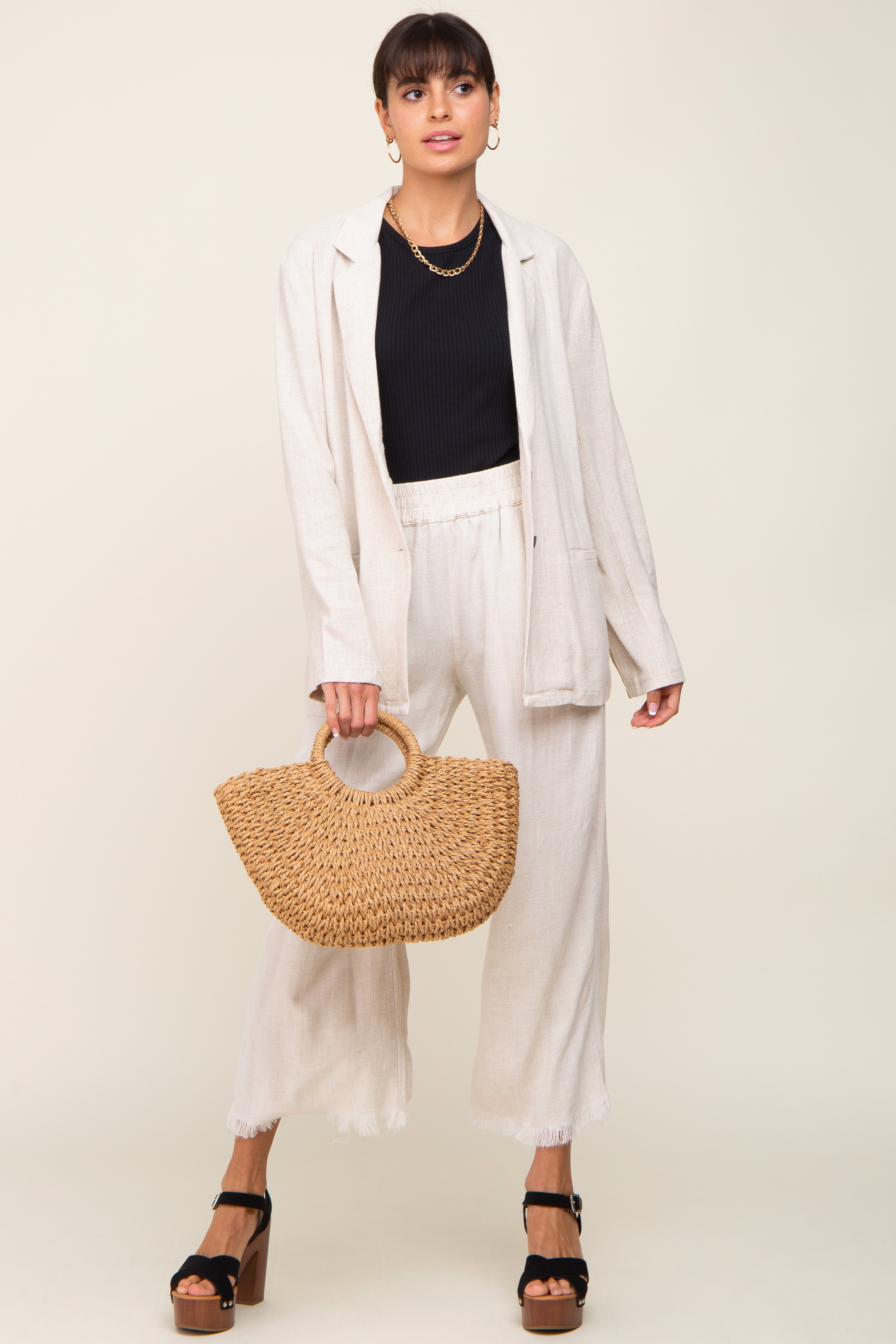 Beige Linen Button Maternity Blazer for Women - Comfortable Pregnancy Office Wear & Formal Business Attire - Perfect for Work, Interviews and Special Occasions