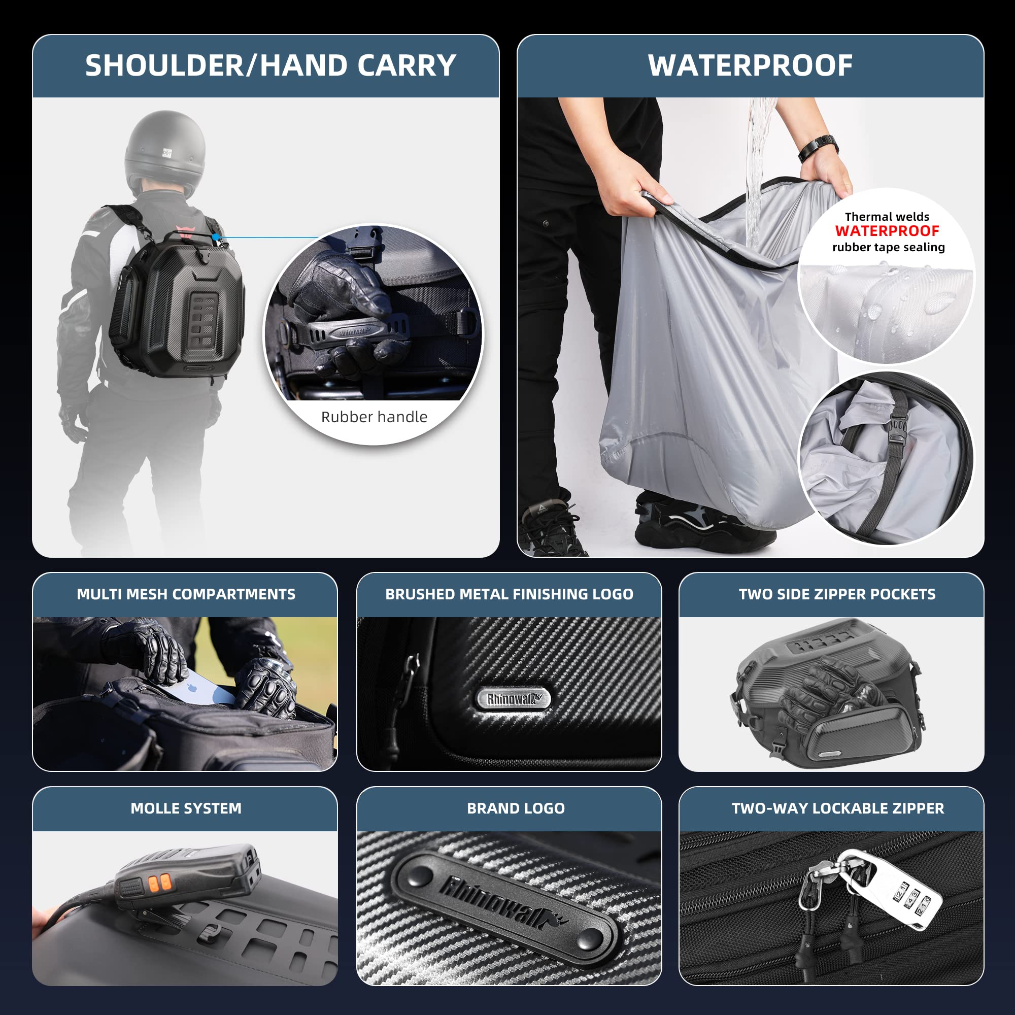 Rhinowalk Motorcycle Tail Bag - 23-35L Expandable Waterproof Hard Shell Rear Seat Bag for Helmet & Luggage Storage | Perfect for Commuting, Touring & Adventure Riding