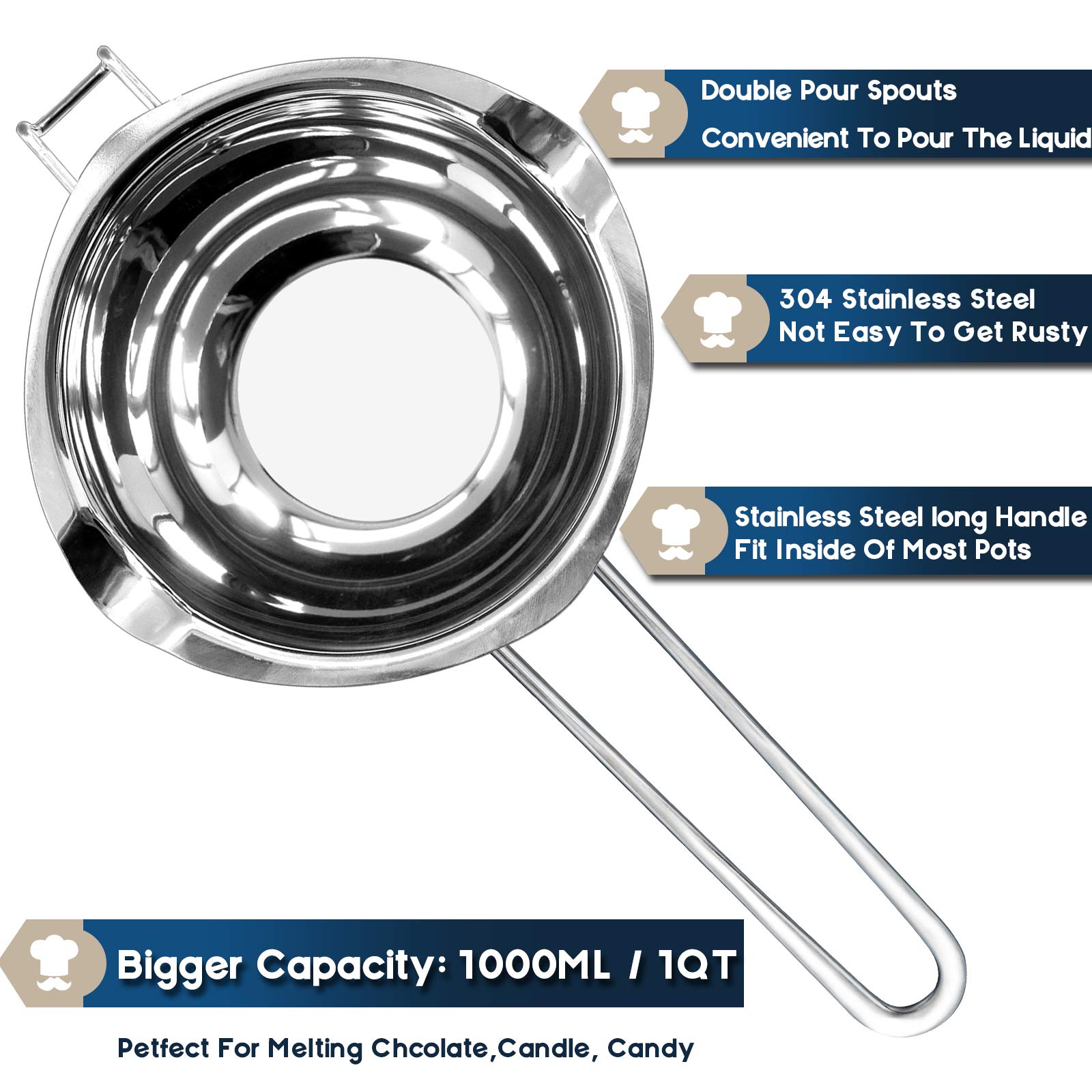 1QT Stainless Steel Double Boiler Chocolate Melting Pot - 304 Food-Grade for Candy, Candle & Soap Making Kit with Silicone Spatula - Perfect for DIY Desserts, Bath Bombs & Home Crafting