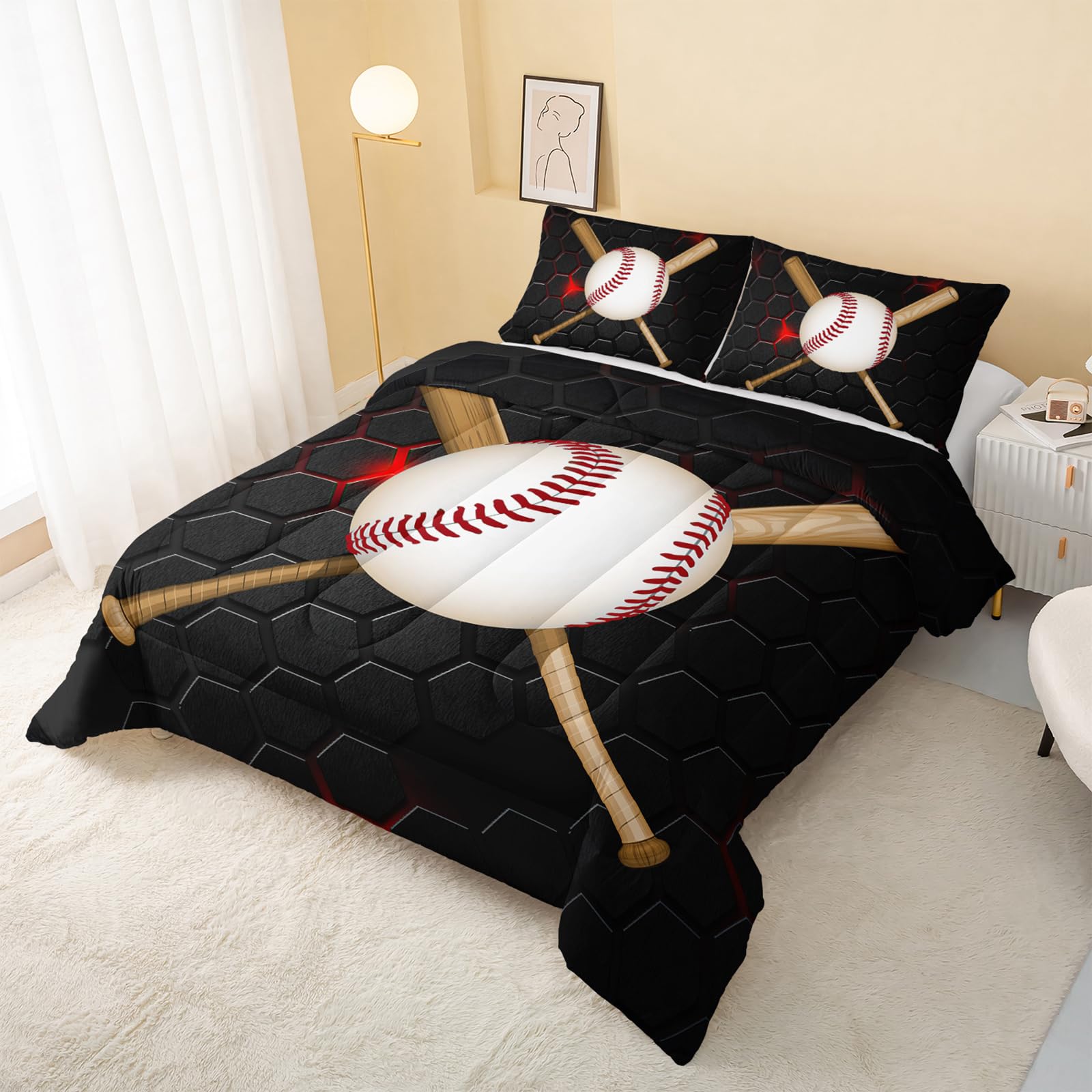 QOOMO Baseball Comforter Set for Kids & Teens - Twin Size Black Microfiber 3-Piece Bedding with 1 Comforter & 2 Pillowcases - Soft, Lightweight Boys' Sports Theme Bed Set - Perfect for Bedrooms, Sleepovers, and Baseball Fans