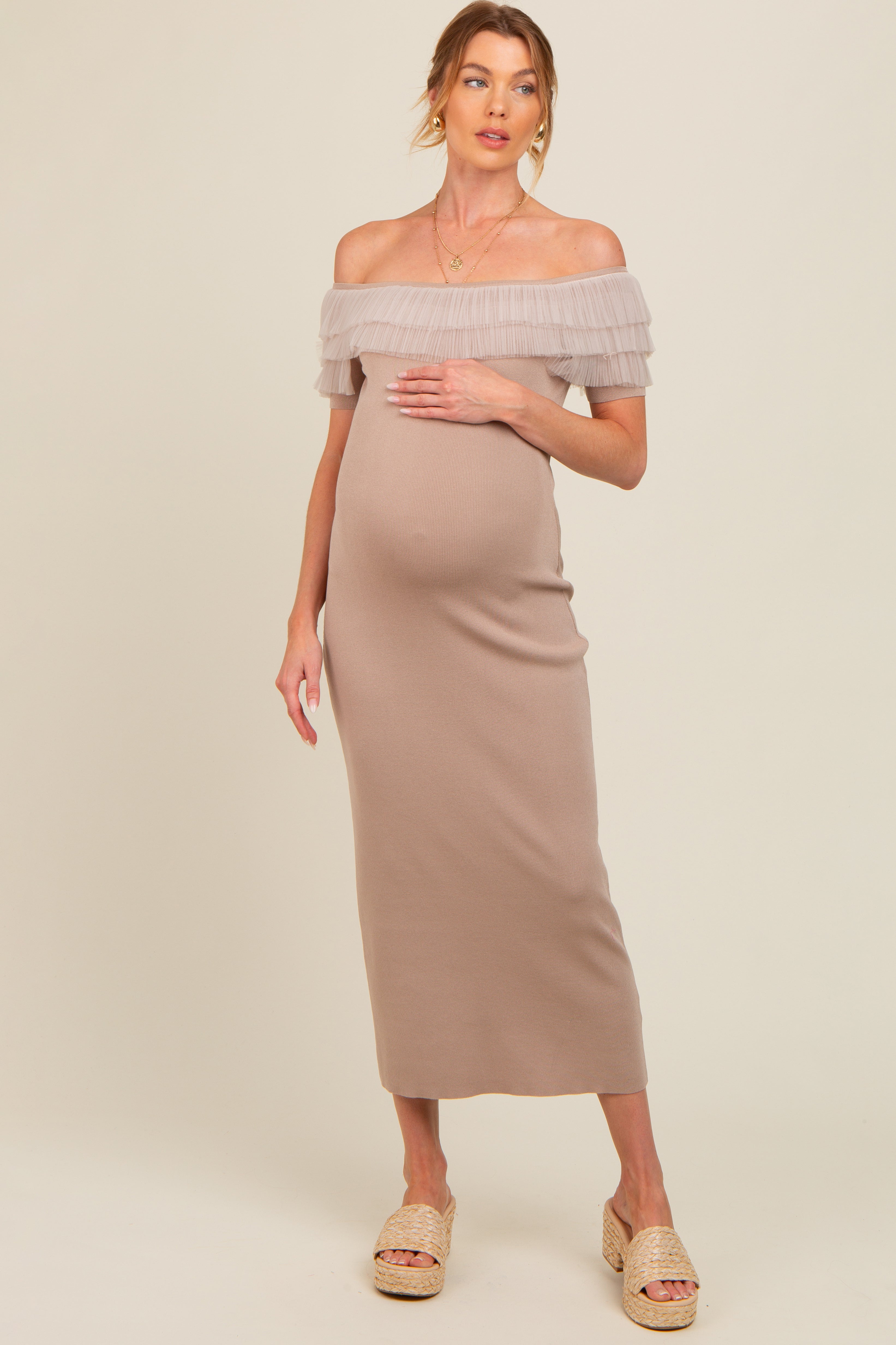 Beige Tulle Ruffle Off Shoulder Maternity Dress for Women - Elegant Midi Length Pregnancy Outfit for Baby Shower, Maternity Photos & Special Occasions