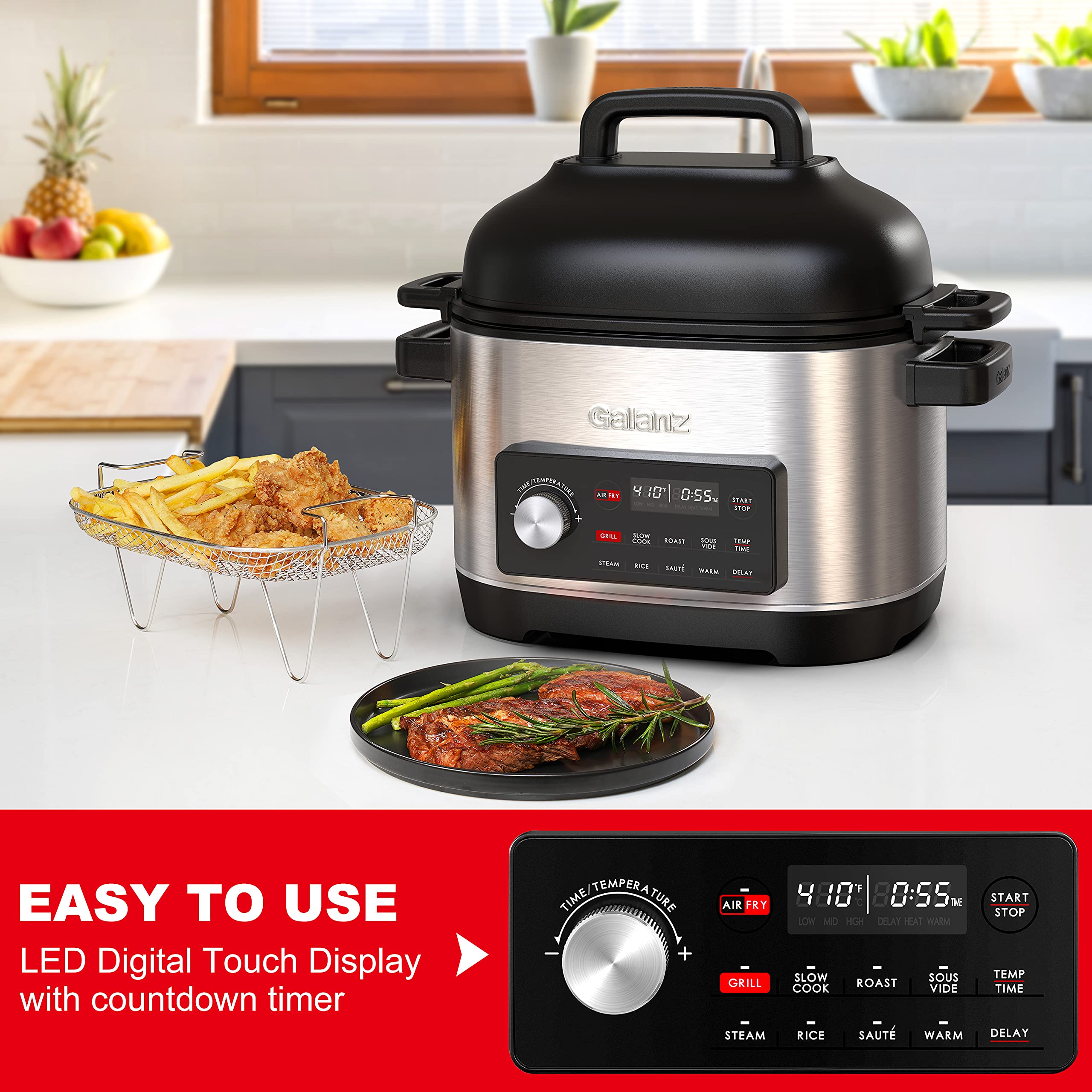 Galanz 8-in-1 Multi Cooker with Air Fry, Sous Vide, Rice Cooker, Sauté, Slow Cooker, Steamer, Roaster & Grill - 8 QT Removable Nonstick Pot, 8 Preset Programs, Stainless Steel - Perfect for Family Meals, Meal Prep & Healthy Cooking