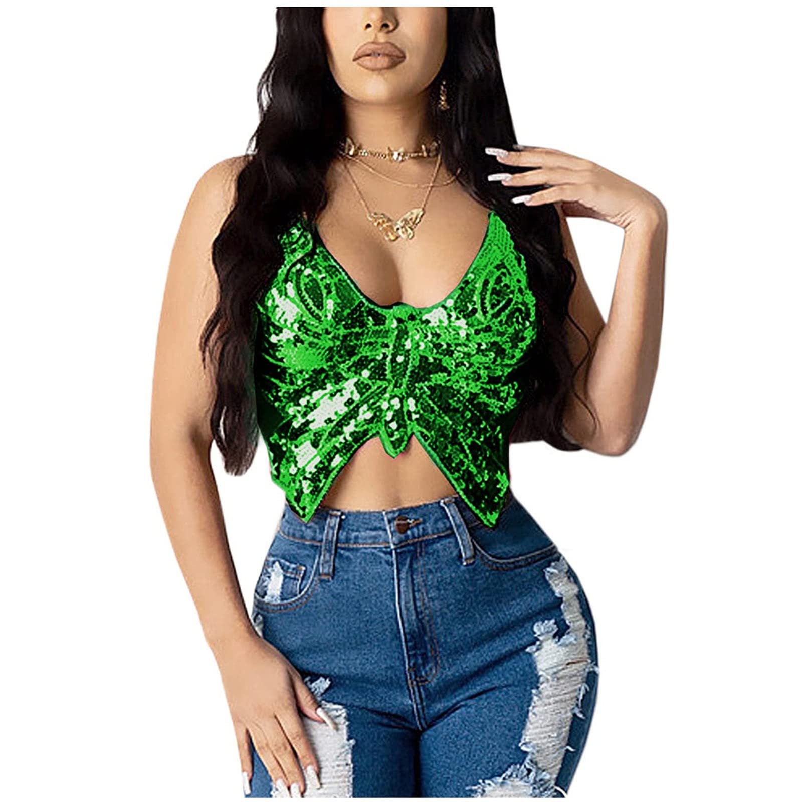 Sparkly Sequin Tank Bandage Top - Women's Crop Dance Vest Costume Bra Belly Outfit for Club, Party & Performance | Sexy Camisole for Women