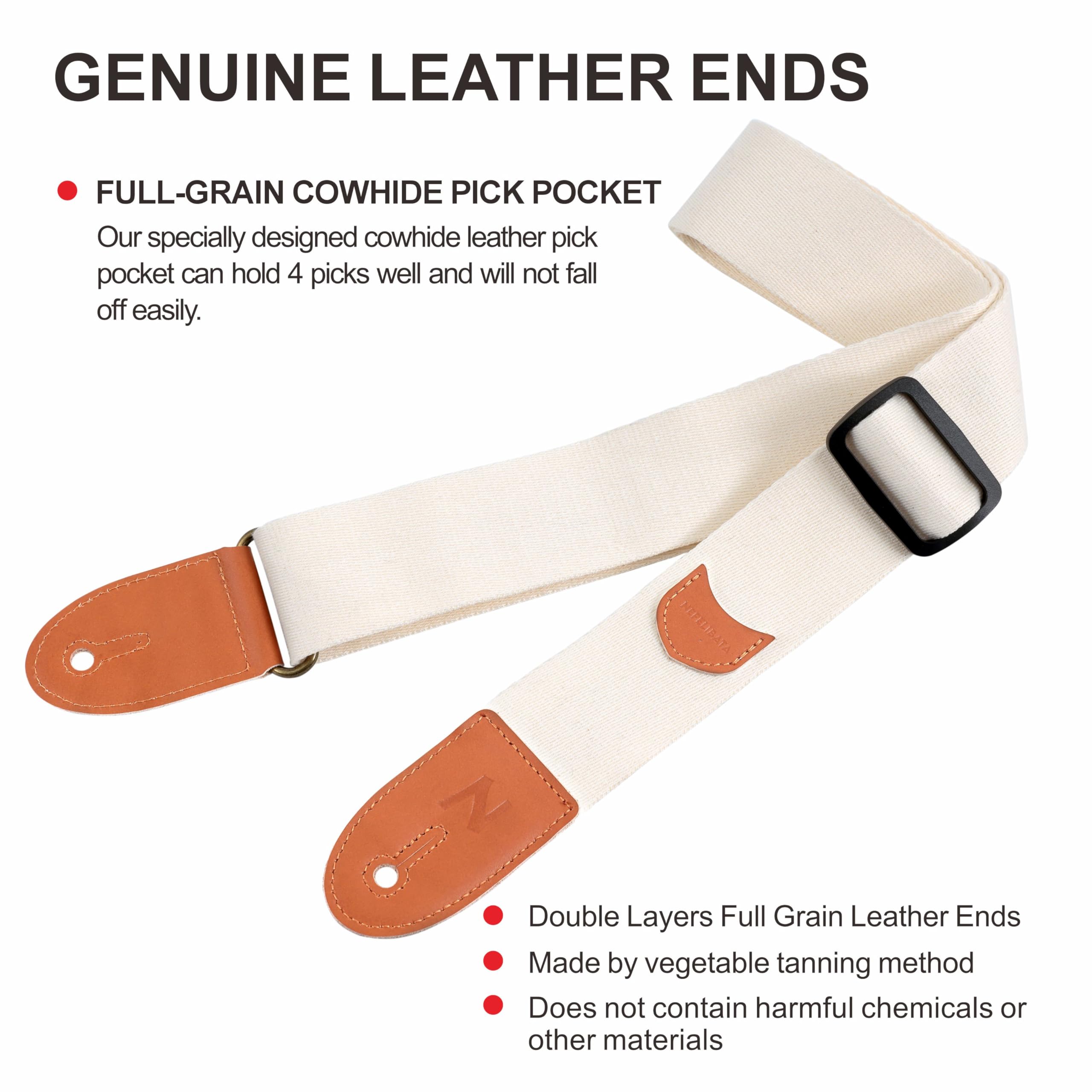 Premium Nefelibata Guitar Strap - 100% Cotton with Full Grain Leather Ends, Includes Pick Pocket, Free Strap Button, 1 Pair Strap Locks & 4 Guitar Picks - Compatible with Bass, Electric & Acoustic Guitars (Cream) - Perfect for Live Performances, Studio Sessions & Casual Playing
