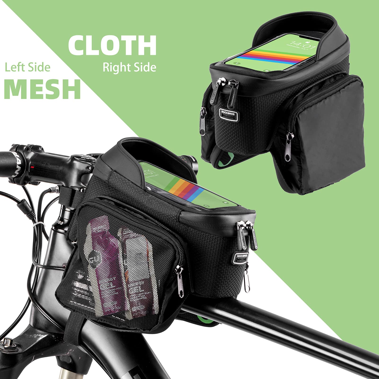 **ROCKBROS Bike Frame Bag - Waterproof Bicycle Phone Mount Holder with Side Pouch - Top Tube Storage Bag for Mountain & Road Bikes - Perfect for Cycling, Commuting & Outdoor Adventures**