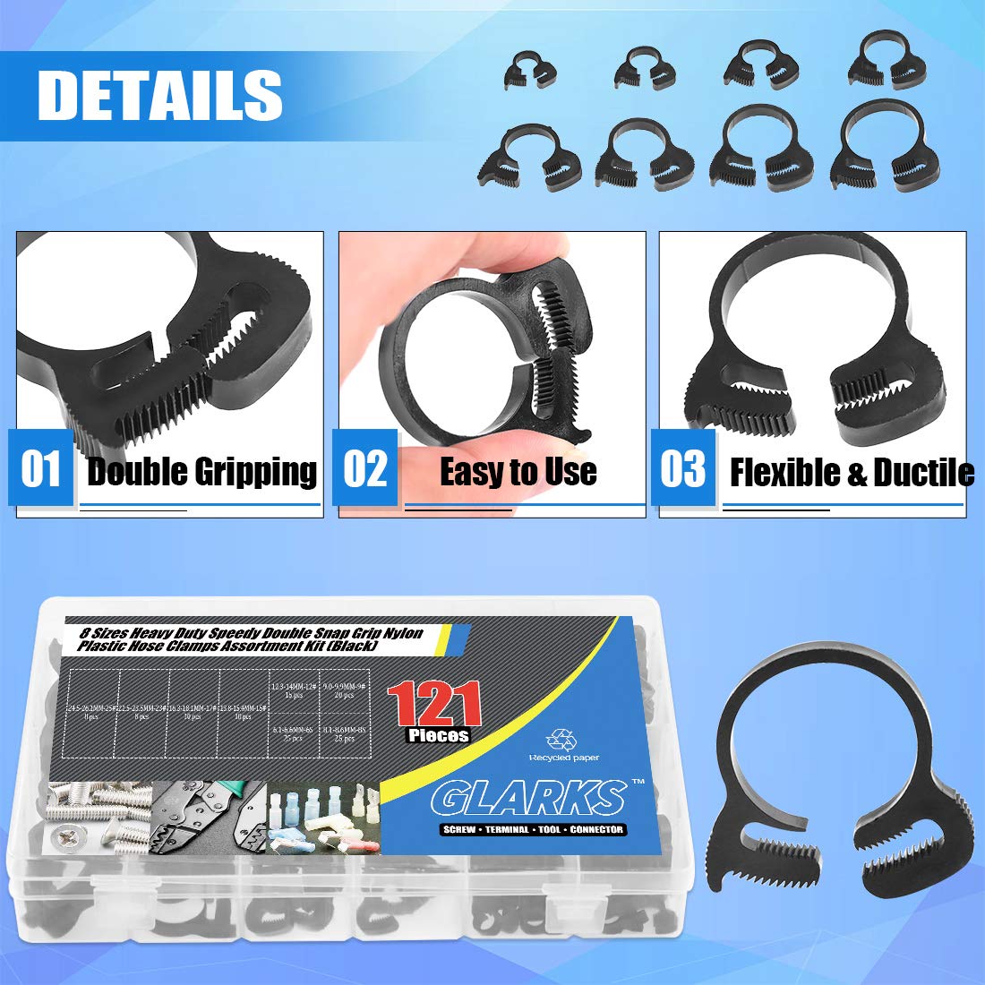 Glarks 290Pcs Fuel Line Hose Clamps Kit & 121Pcs Heavy Duty Nylon Hose Clamps Set - 8 Sizes for Automotive, Marine, Plumbing, and Home Repair Applications