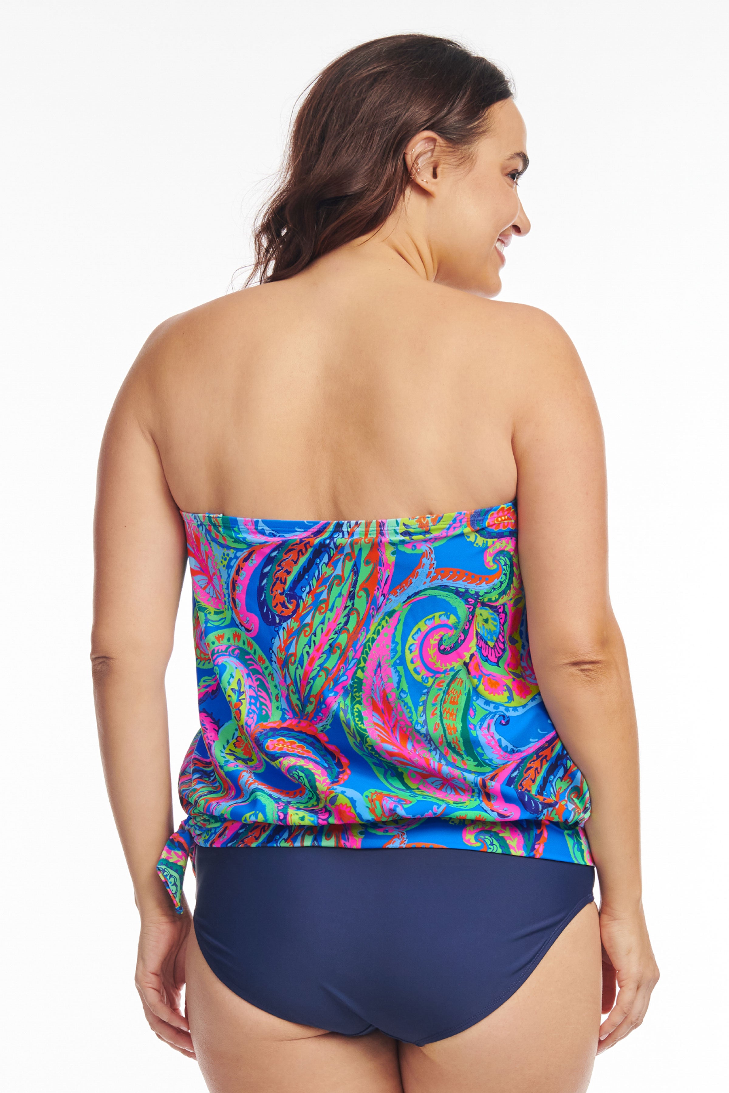 Plus Size Draped Blouson Tankini Top - French Paisley Blue Swimwear for Women | Beach Vacation & Pool Party Outfit
