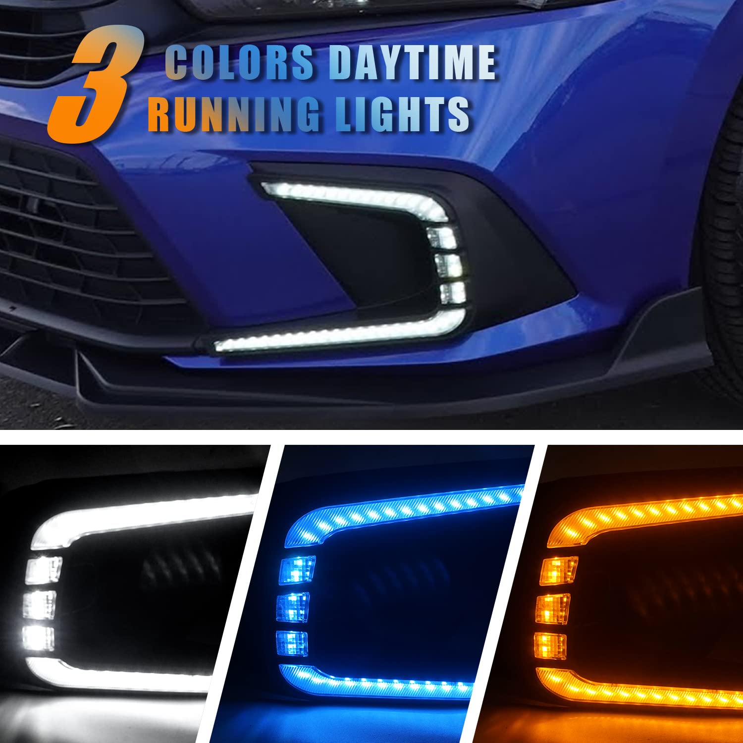 COMZY LED Fog Lights DRL for 2022 Honda Civic 11th Gen - 3 Color Front Fog Lamps Kit with Daytime Running & Turn Signal Lights - Car Styling Spot Light (1 Pair) - Perfect for Night Driving & Car Customization