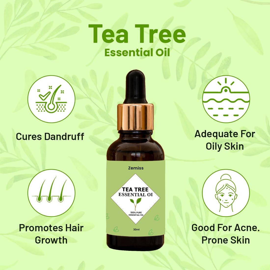 Zemiss 100% Pure Tea Tree Essential Oil for Skin, Hair & Acne Treatment - Natural Aromatherapy Oil for Clear Complexion & Soft Hair (3-Pack) - Perfect for DIY Beauty, Massage & Home Spa Relaxation