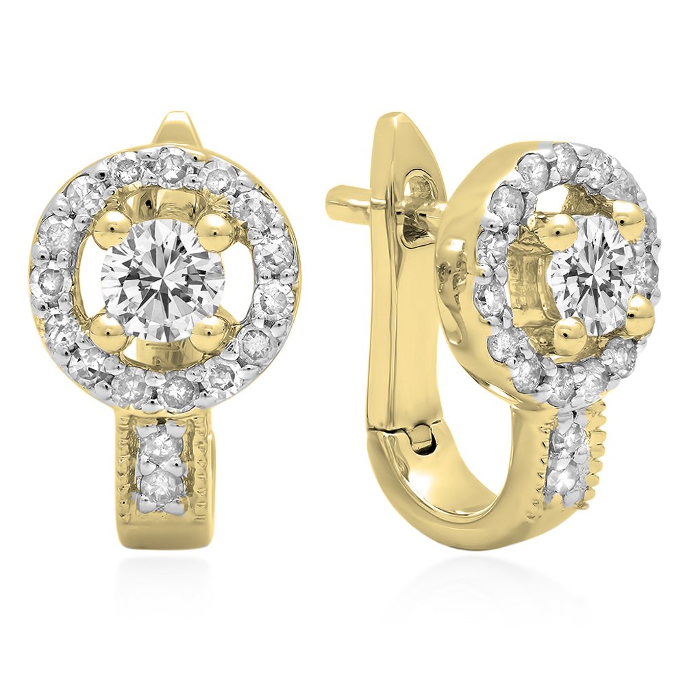 14K Solid Gold Round White Diamond Halo Hoop Earrings for Women | 0.50 Cttw Dazzlingrock Collection | Perfect for Weddings, Parties & Everyday Elegance