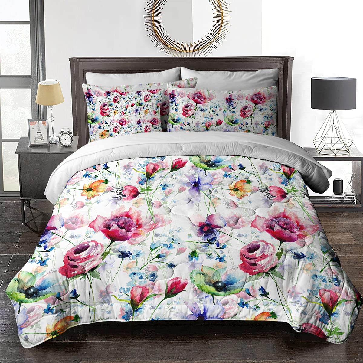 BlessLiving 8-Piece Floral Comforter Set - Watercolor Flower Bedding with Comforter, Sheets & Shams, Queen Size Chic Bedding Set for Women's Bedroom, Guest Room or Airbnb - Soft & Cozy for All Seasons