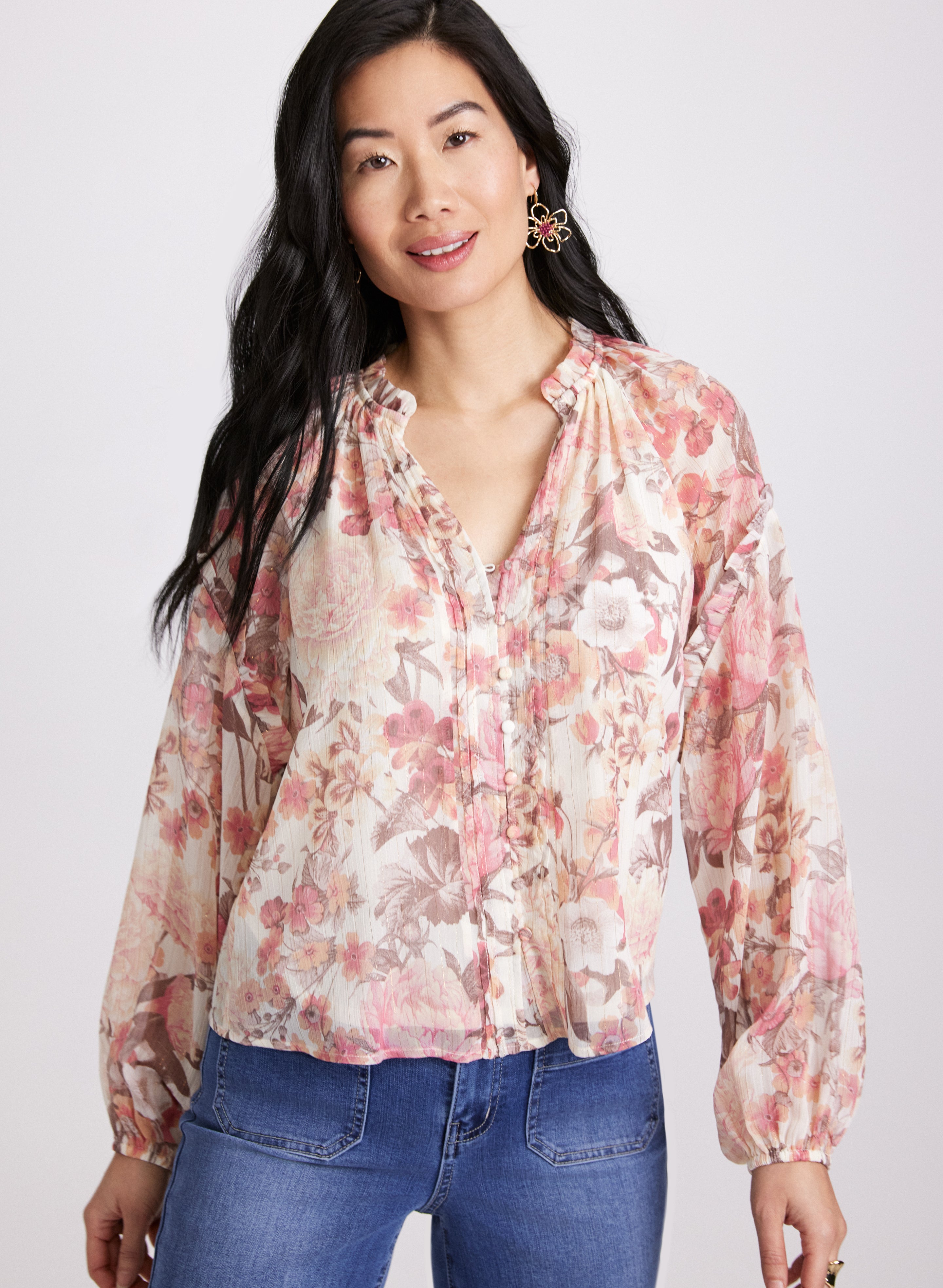 Floral Frilled Neck Blouse for Women - Elegant Ruffle Blouse Tops for Spring Summer - Perfect for Office, Date Night & Special Occasions