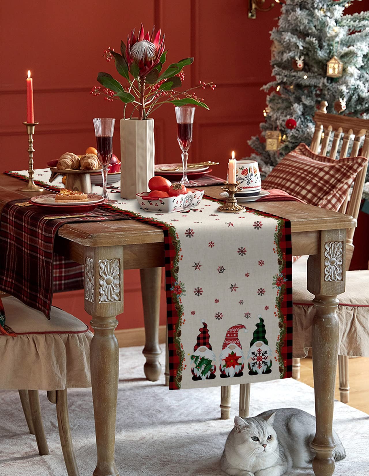 108 Inch Christmas Table Runner - Red and Black Buffalo Plaid Holiday Decor for Kitchen, Dining & Living Room | Perfect for Party, Home & Coffee Table Decoration | 13x108 Inch Festive Gnome Design