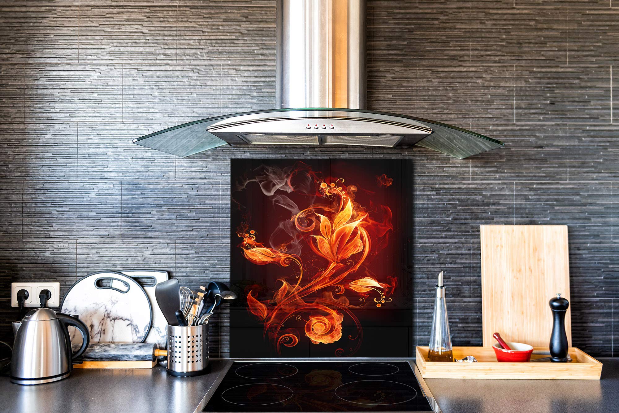 Concept Crystal Printed Tempered Glass Backsplash - Fire Series Fiery Flower 1 | Heat-Resistant Kitchen Splashback BS14 | Perfect for Modern Home & Restaurant Decor