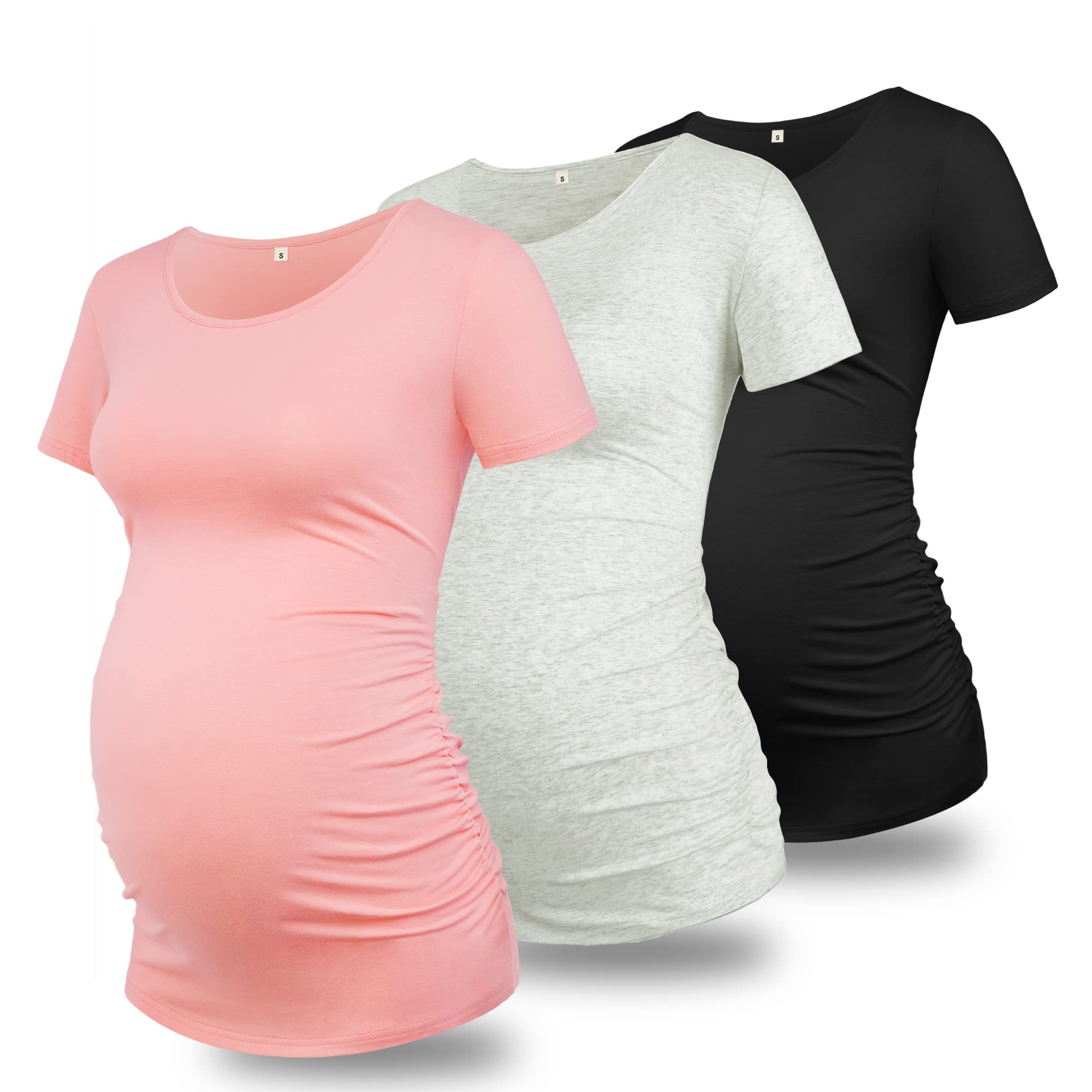 GLAMIX Women's Maternity T-Shirts 3-Pack - Soft Cotton Short Sleeve Pregnancy Tops for Summer | Comfortable Everyday Wear for Expecting Moms at Home, Work & Outings