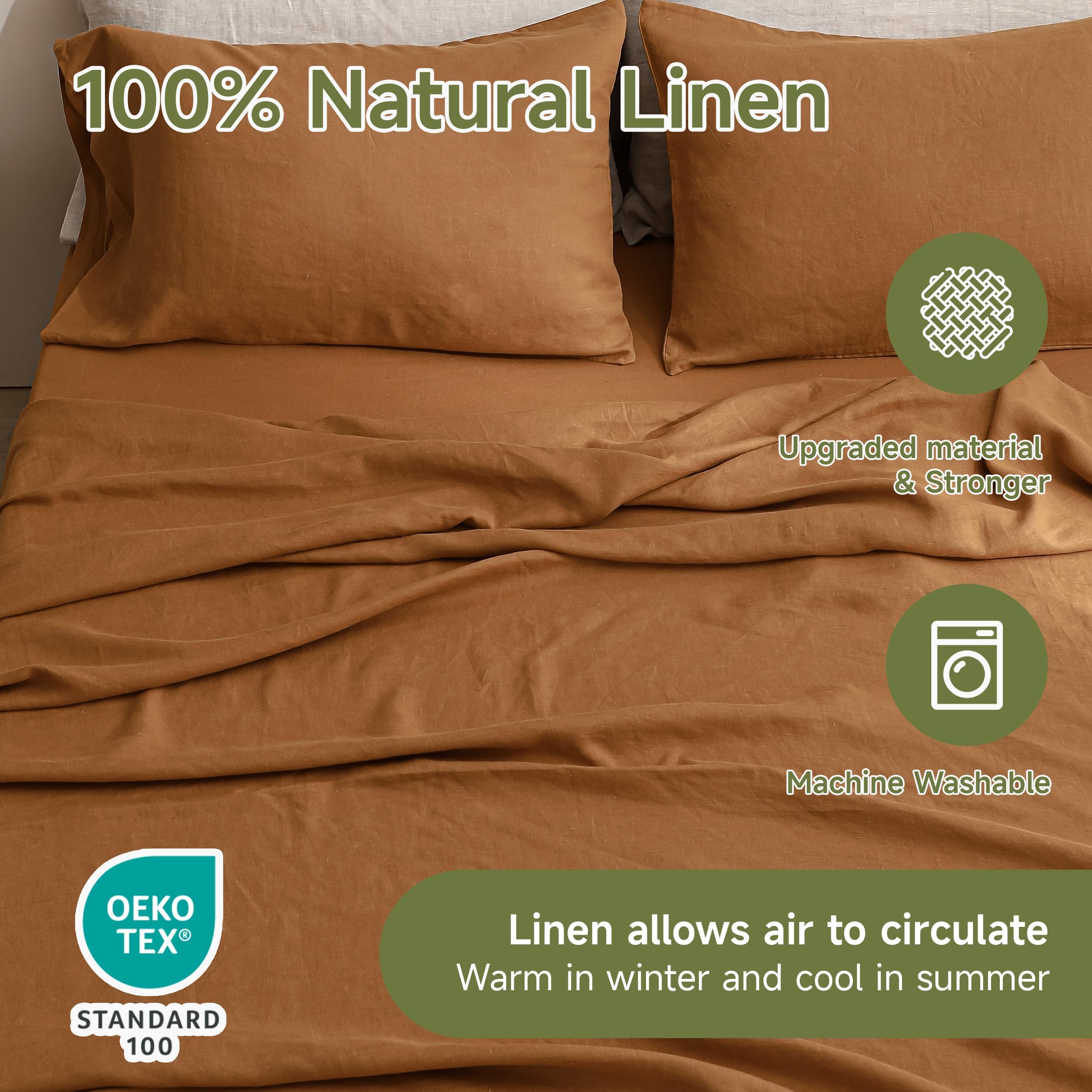 Premium 100% French Linen Sheet Set Queen Size - 4 Piece Natural Breathable Bedding | Soft & Durable All-Season Luxury Bed Sheets in Rust Color | Perfect for Hot Sleepers, Guest Rooms & Eco-Friendly Homes
