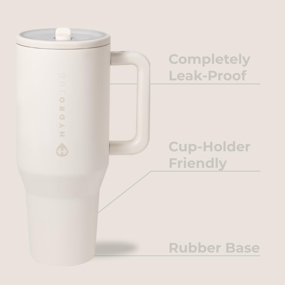 HydroJug Traveler - 40 oz Insulated Stainless Steel Water Bottle with Handle & Flip Straw - Leak Proof, Fits in Cup Holder, Reusable Tumbler with Rubber Base - Perfect Gift for Women & Men (Cream) - Ideal for Gym, Hiking, Office & Outdoor Activities