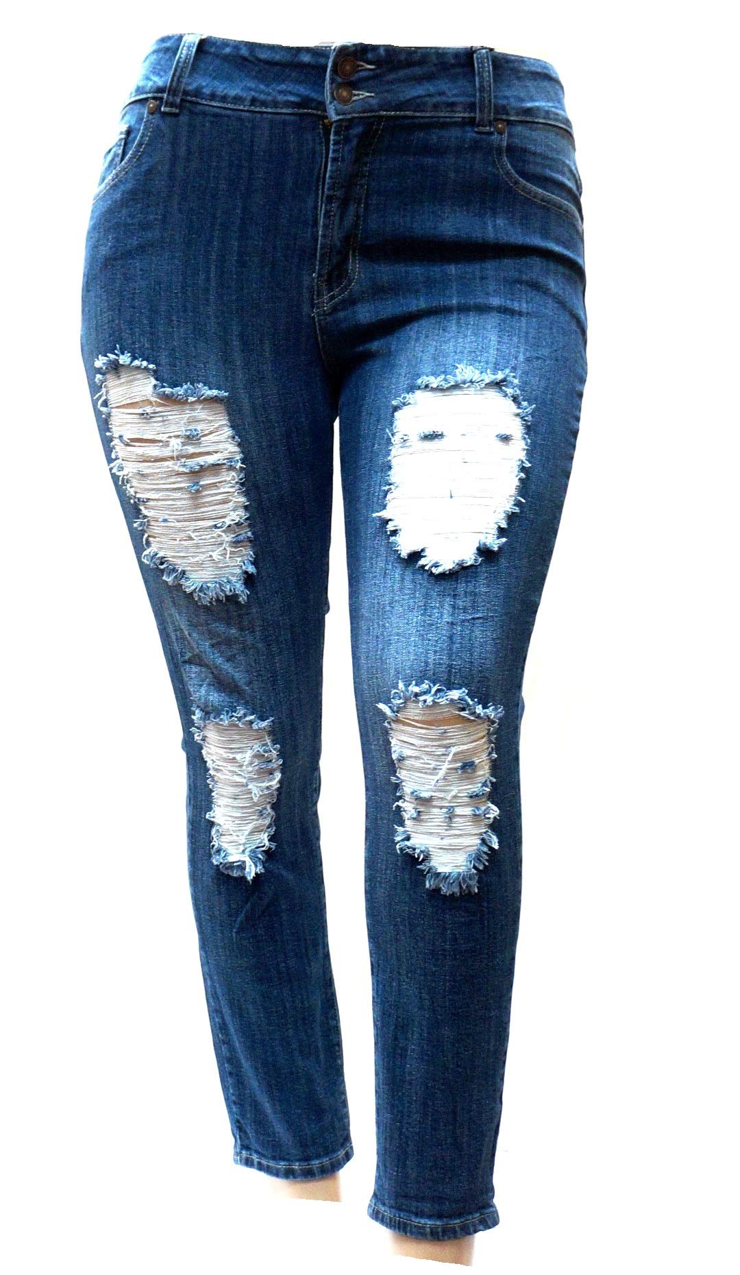 Jack David Women's Plus Size Stretch Distressed Ripped Blue Skinny Jeans - High Waisted Denim Pants for Casual Wear & Everyday Comfort