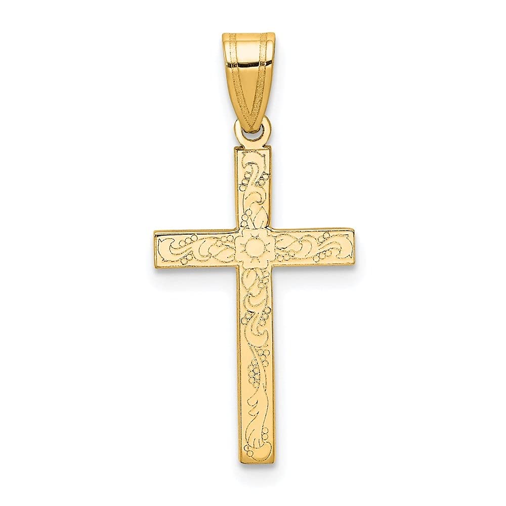 14K Yellow Gold Floral Cross Pendant Necklace for Women - Elegant Religious Jewelry Gift (25mm x 12mm) - Perfect for Church, Baptism, Weddings & Everyday Wear
