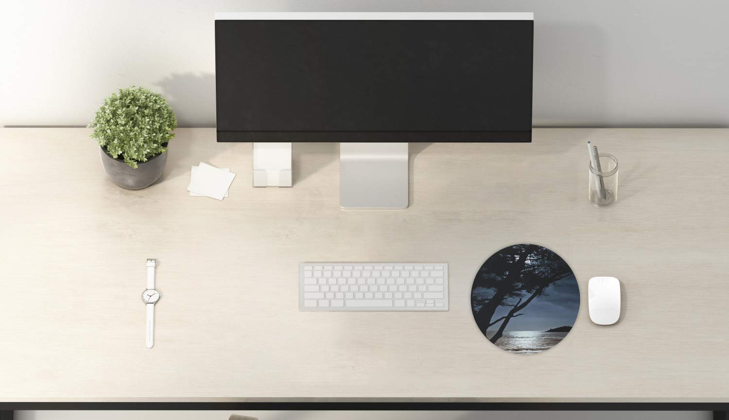 Ambesonne Round Non-Slip Rubber Gaming Mouse Pad - 8 Inch Black & Blue Landscape Design with Romantic Tree Silhouettes & Ocean Waves - Perfect for Office, Home Computer & Gaming Setup