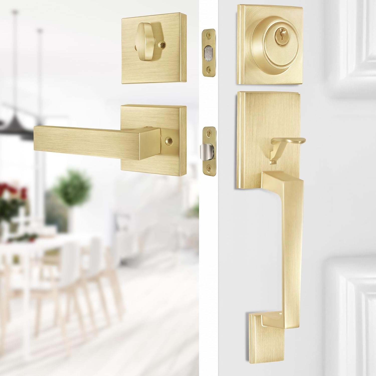 Satin Brass Square Front Door Handle Set with Single Cylinder Deadbolt & Low Half Lever - Secure Entry Door Lock for Home, Office & Apartment - Durable & Stylish Hardware for Exterior Doors