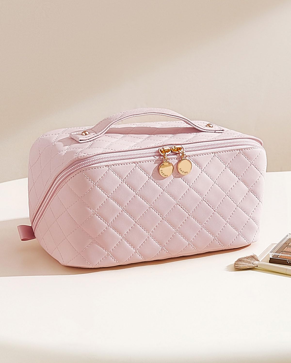 EACHY Large Waterproof Travel Makeup Bag for Women - Portable Cosmetic Organizer with Divider & Handle, Open Flat Toiletry Pouch - Perfect for Vacation, Gym, Business Trips & Daily Essentials Storage